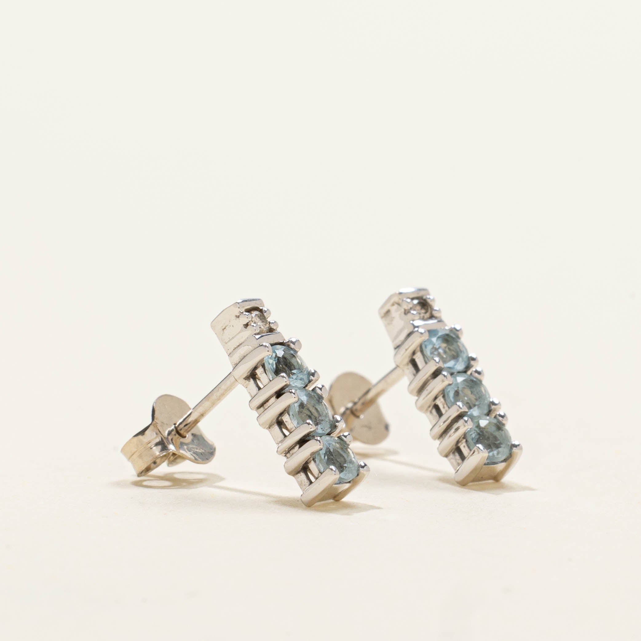 10k Aquamarine & Diamond Bar Stud Earrings | 0.30ctw, 0.01ctw