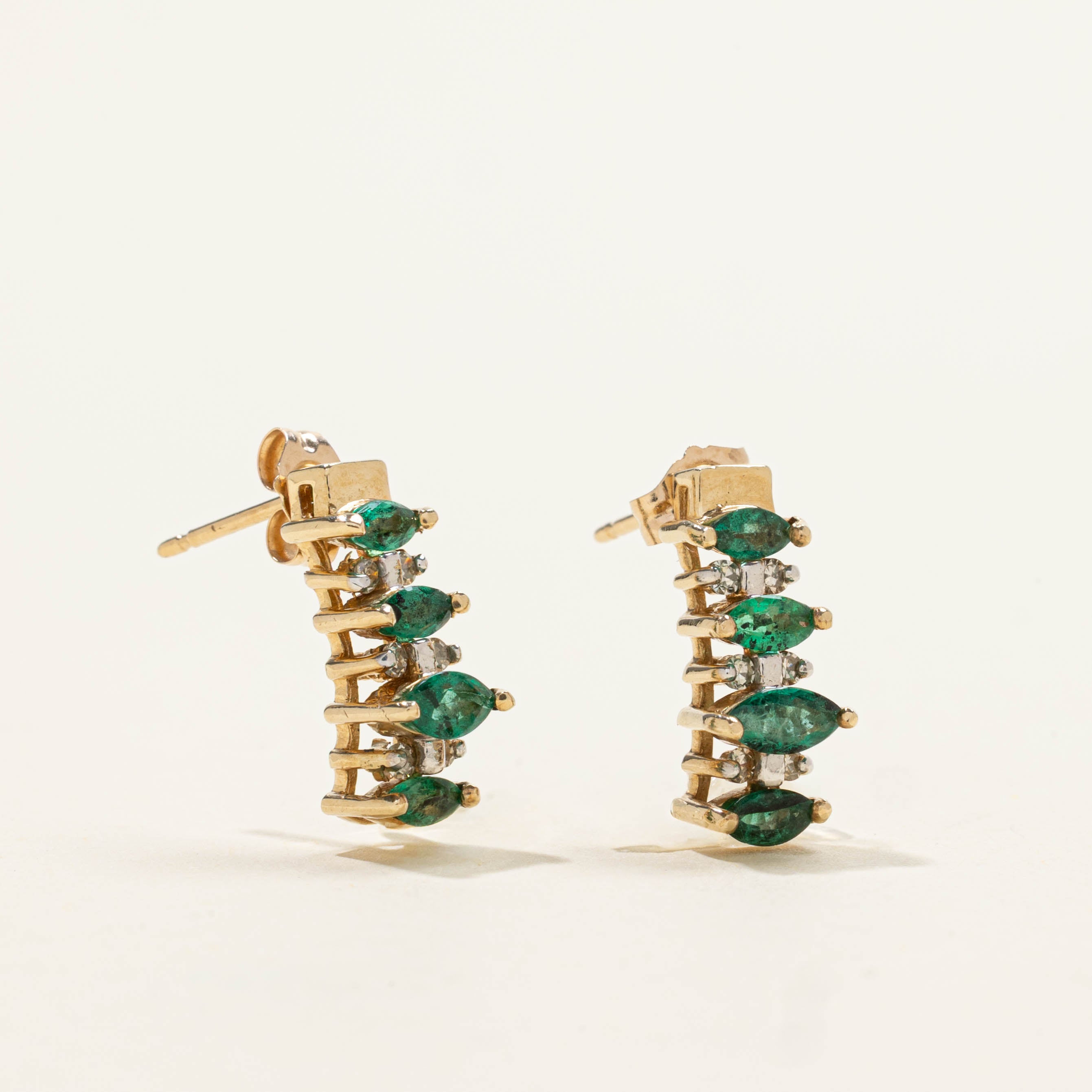 10k Emerald & Diamond Bar Drop Earrings | 0.50ctw, 0.06ctw