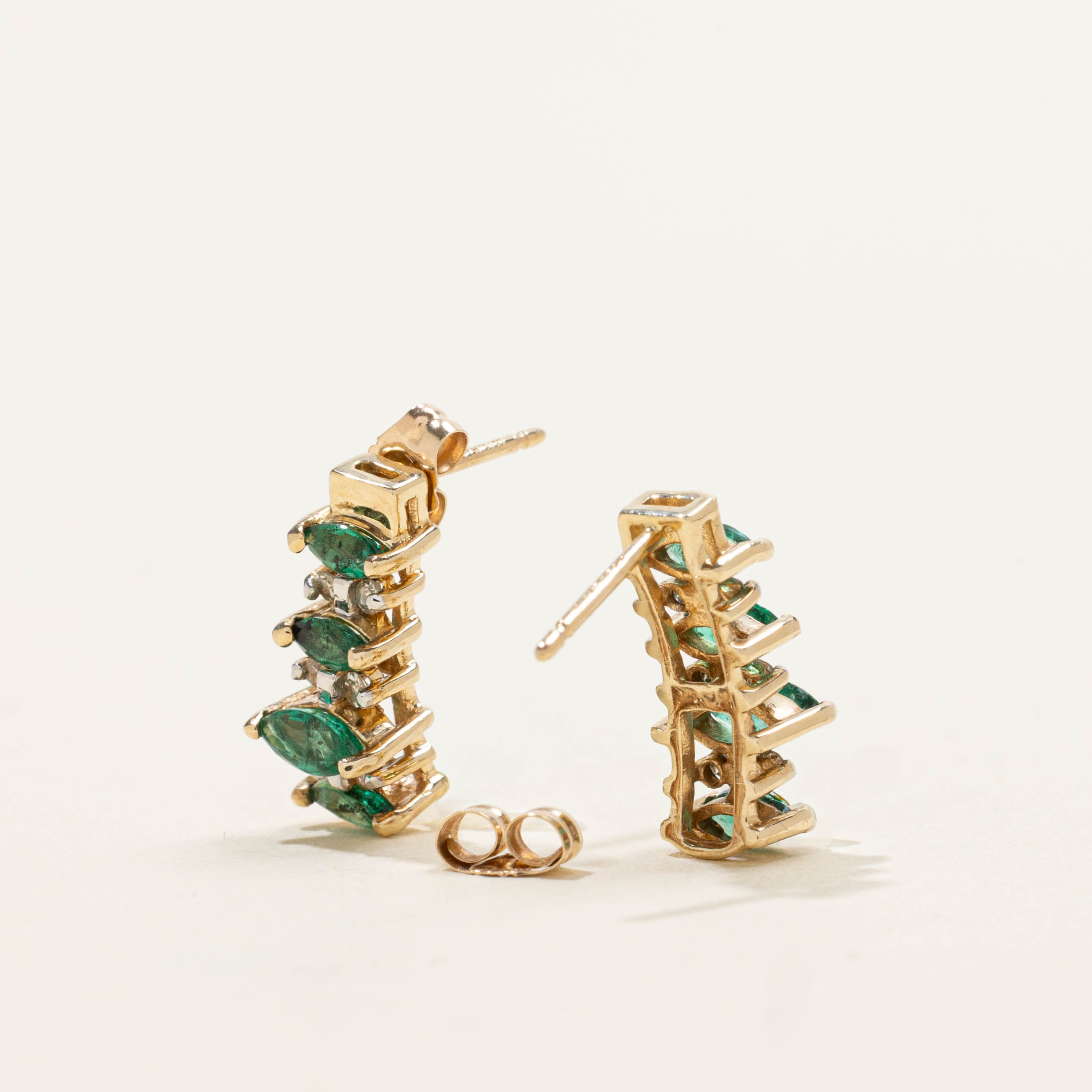 10k Emerald & Diamond Bar Drop Earrings | 0.50ctw, 0.06ctw