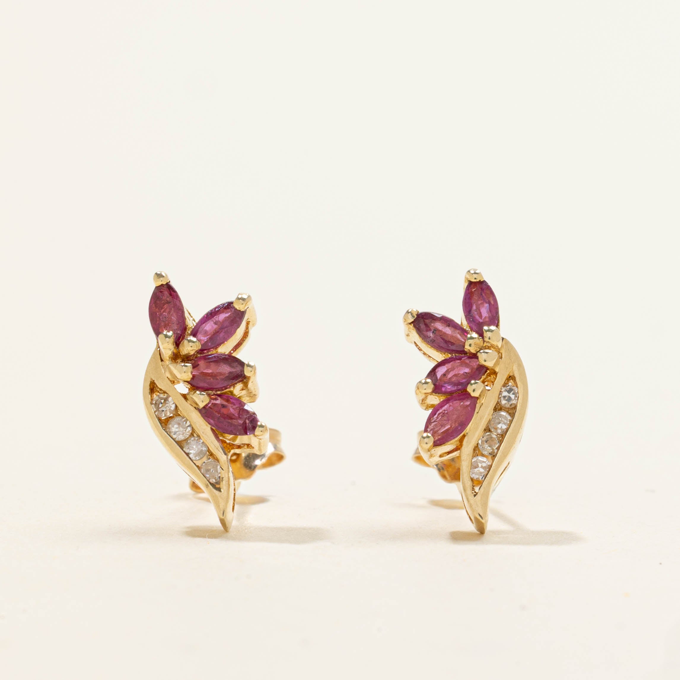 14k Ruby & Diamond Floral Cluster Stud Earrings | 0.32ctw, 0.04ctw