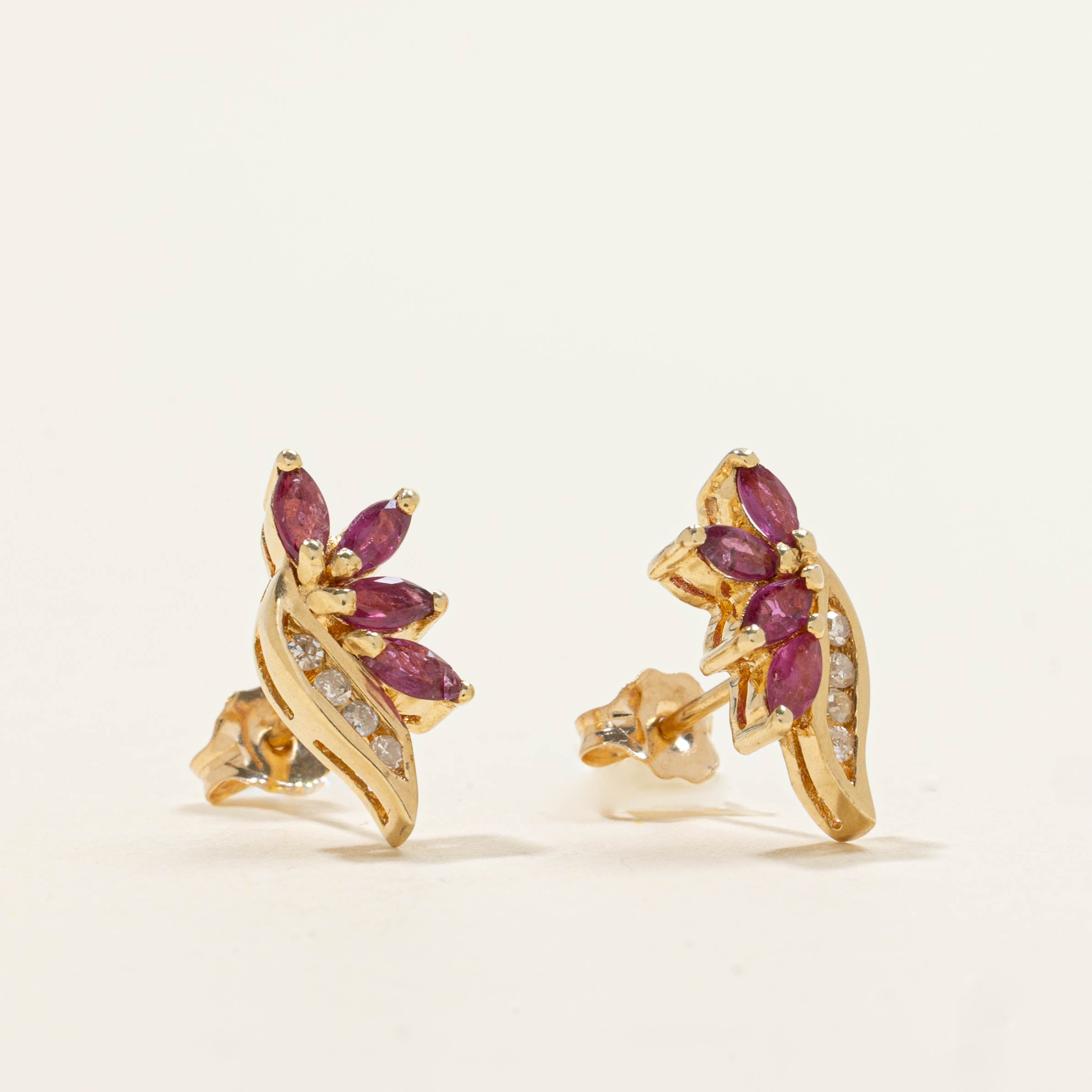 14k Ruby & Diamond Floral Cluster Stud Earrings | 0.32ctw, 0.04ctw