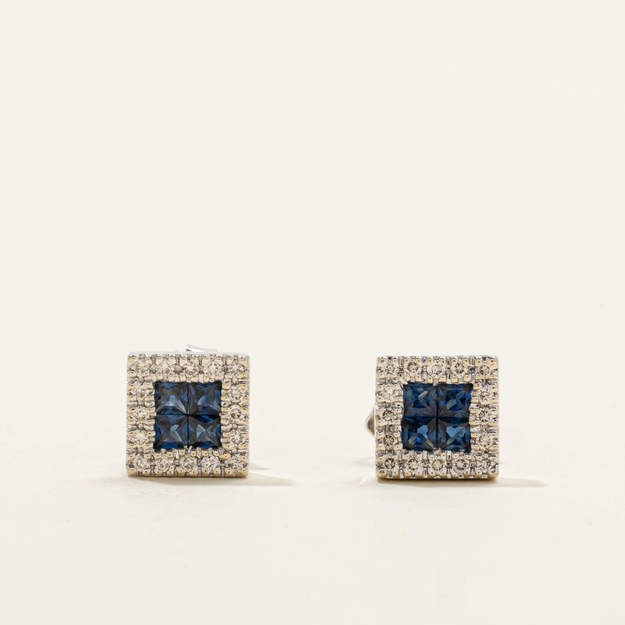 14k Sapphire & Diamond Halo Stud Earrings | 0.40ctw, 0.06ctw