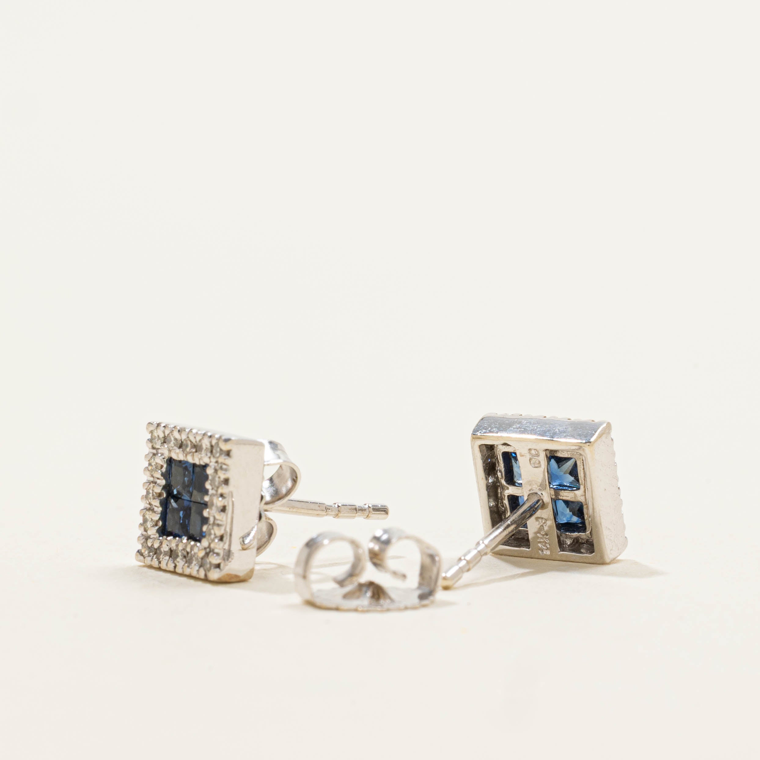 14k Sapphire & Diamond Halo Stud Earrings | 0.40ctw, 0.06ctw