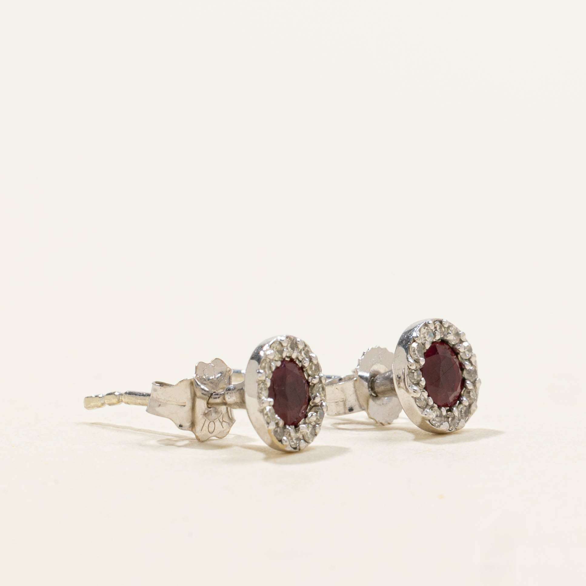 10k Ruby & Diamond Halo Stud Earrings | 0.12ctw, 0.05ctw