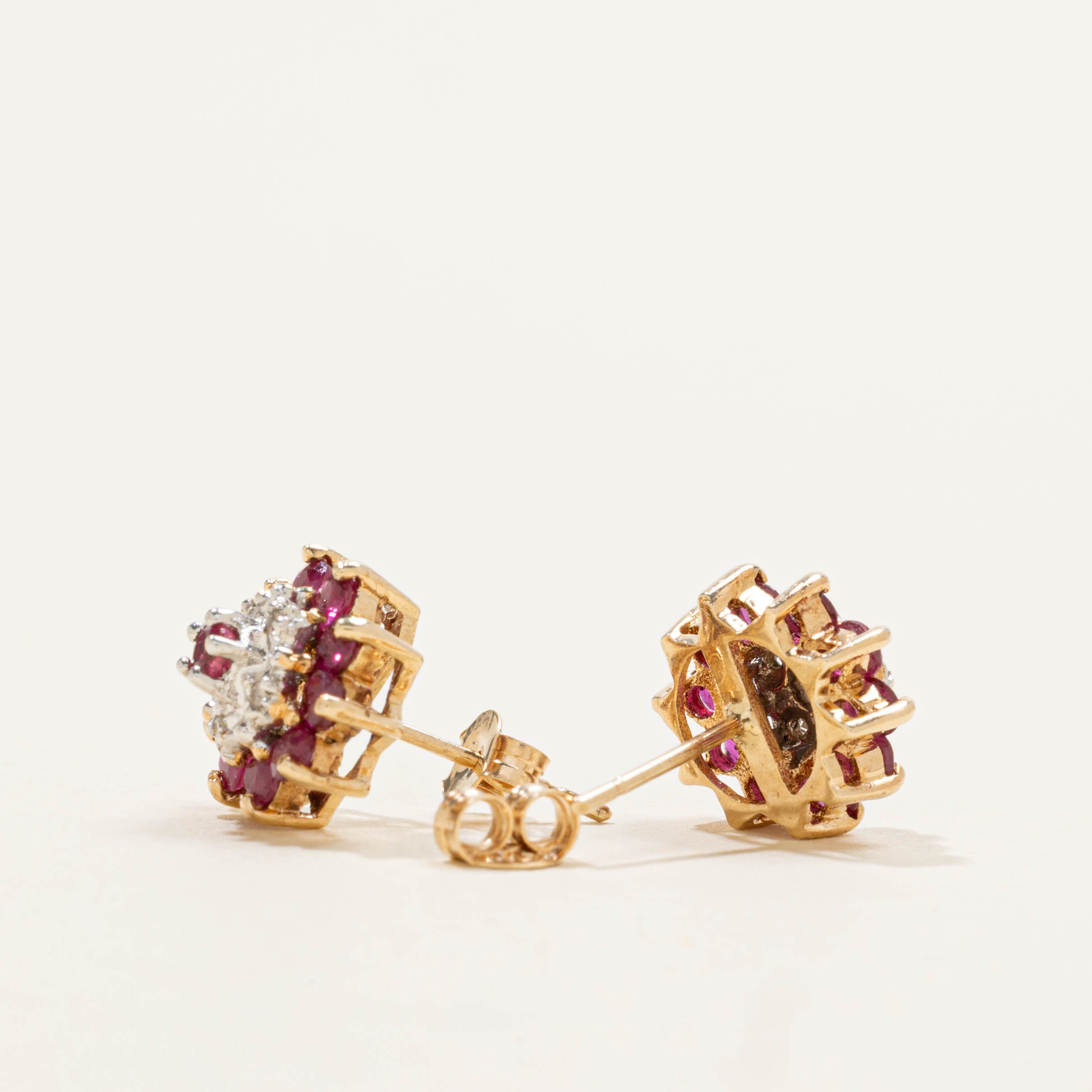 14k Ruby & Diamond Petal Cluster Stud Earrings | 0.40ctw, 0.05ctw