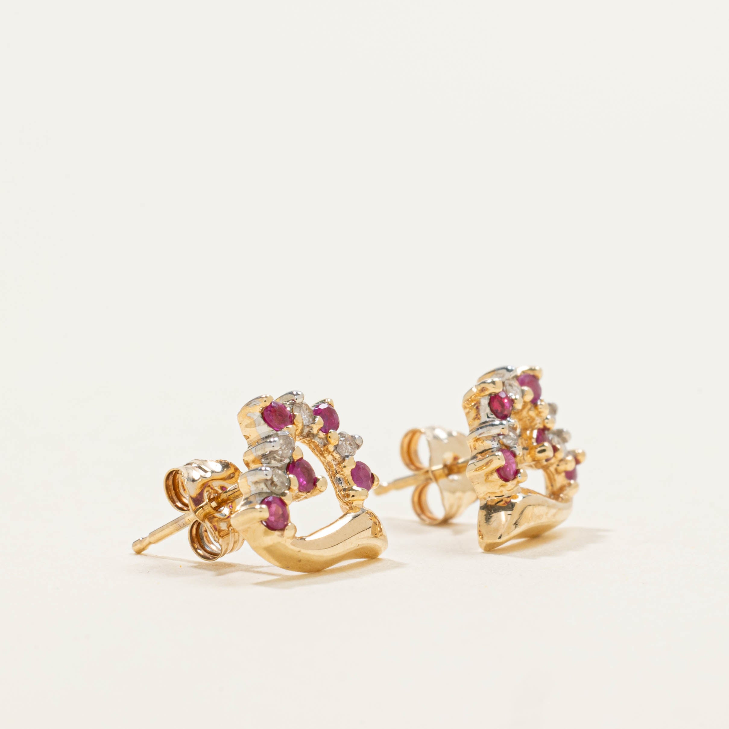 10k Ruby & Diamond Open Heart Stud Earrings | 0.08ctw, 0.04ctw