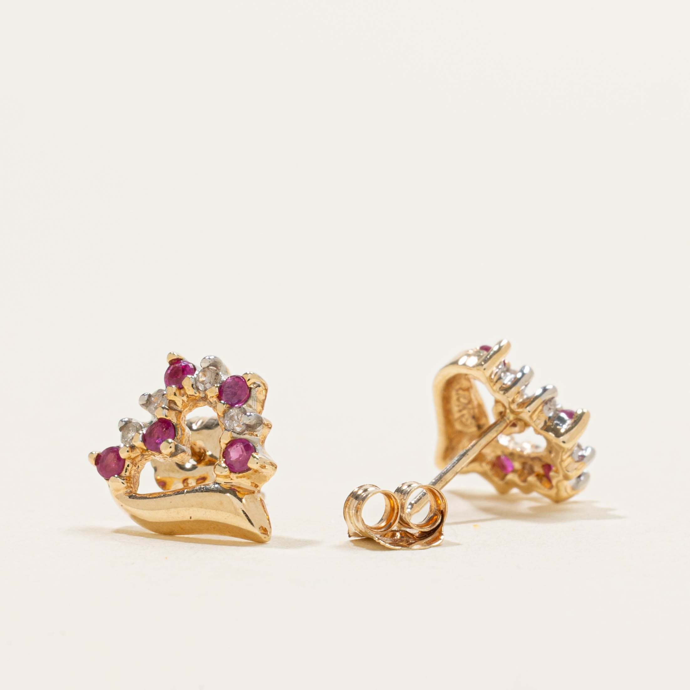 10k Ruby & Diamond Open Heart Stud Earrings | 0.08ctw, 0.04ctw