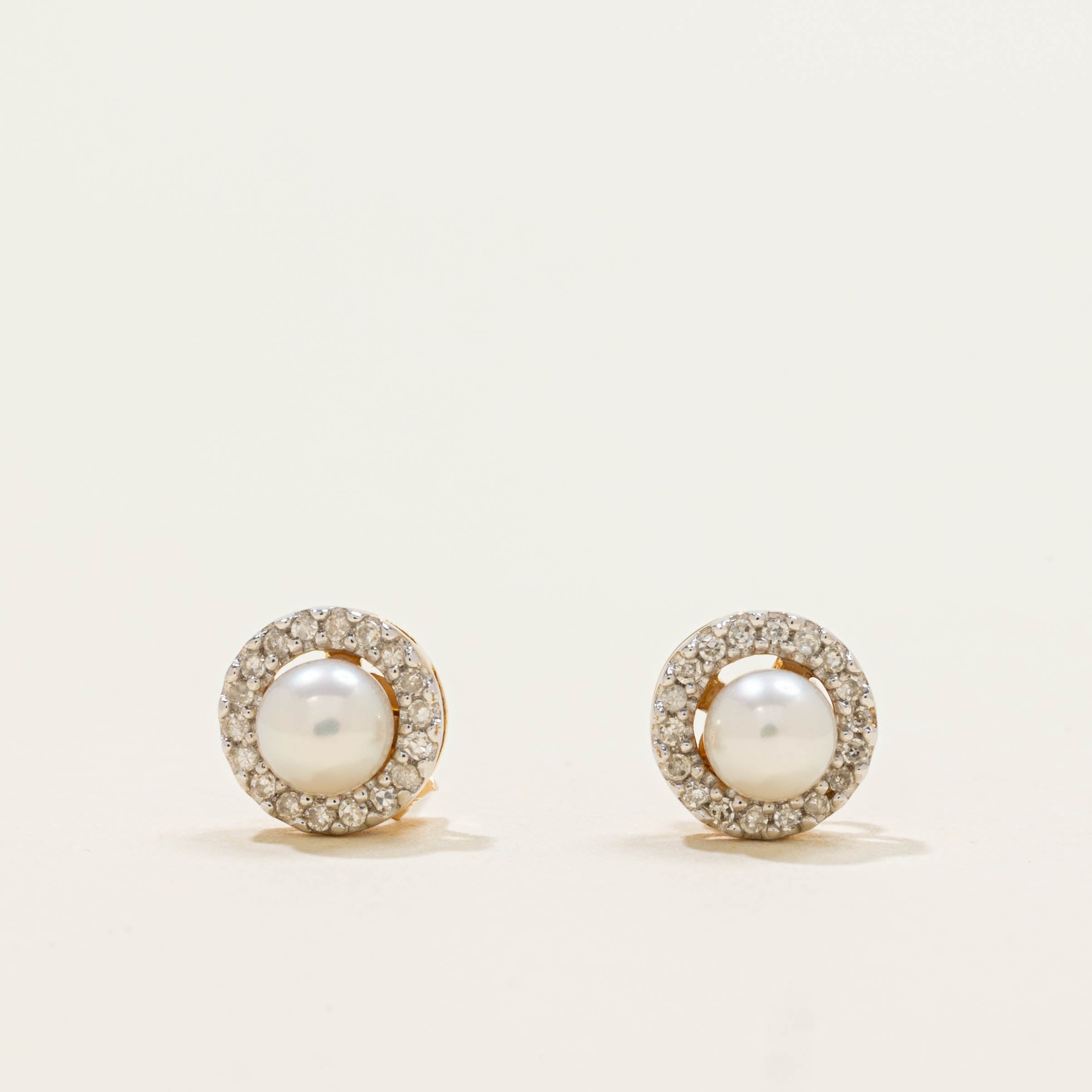 10k Pearl & Diamond Halo Stud Earrings | 0.15ctw