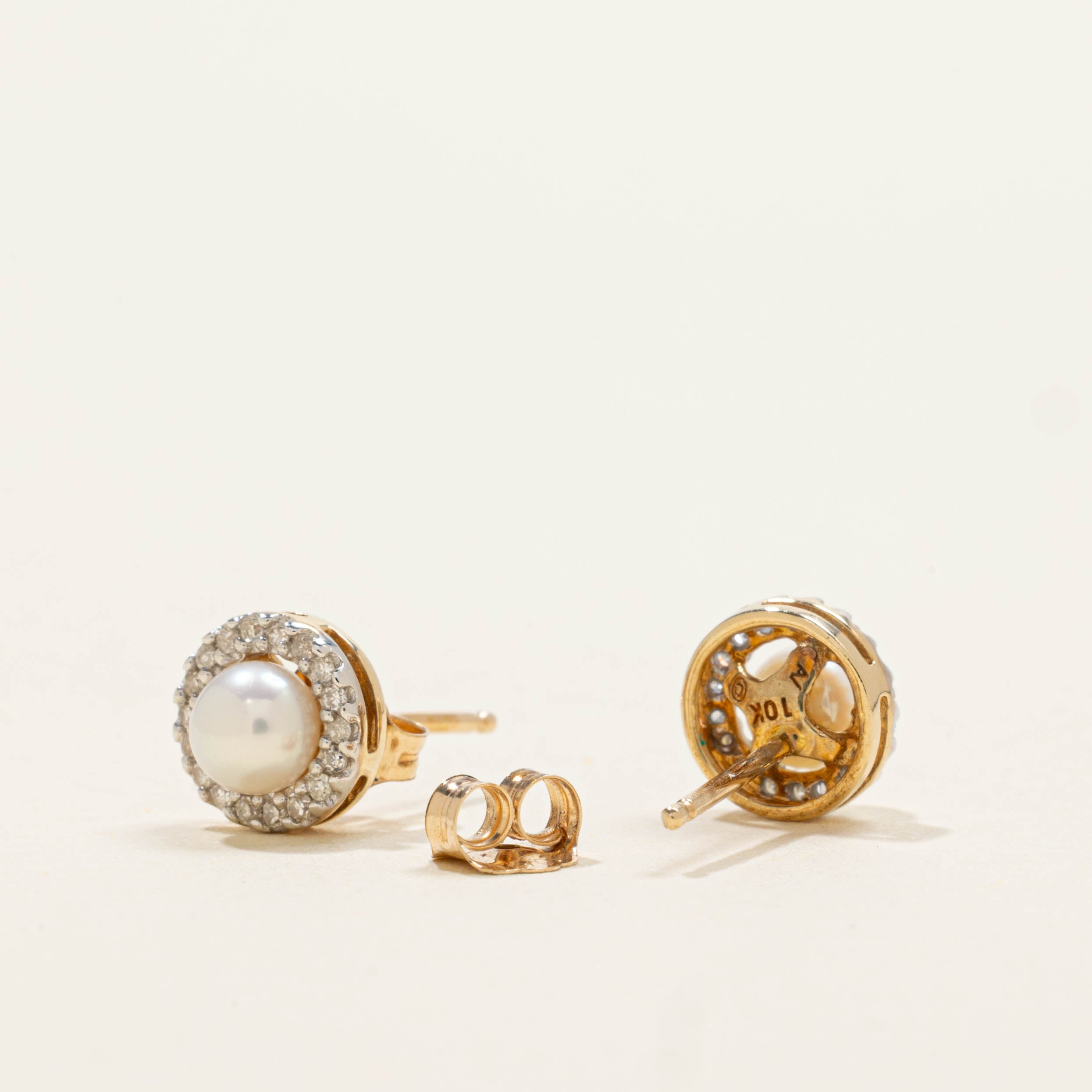 10k Pearl & Diamond Halo Stud Earrings | 0.15ctw