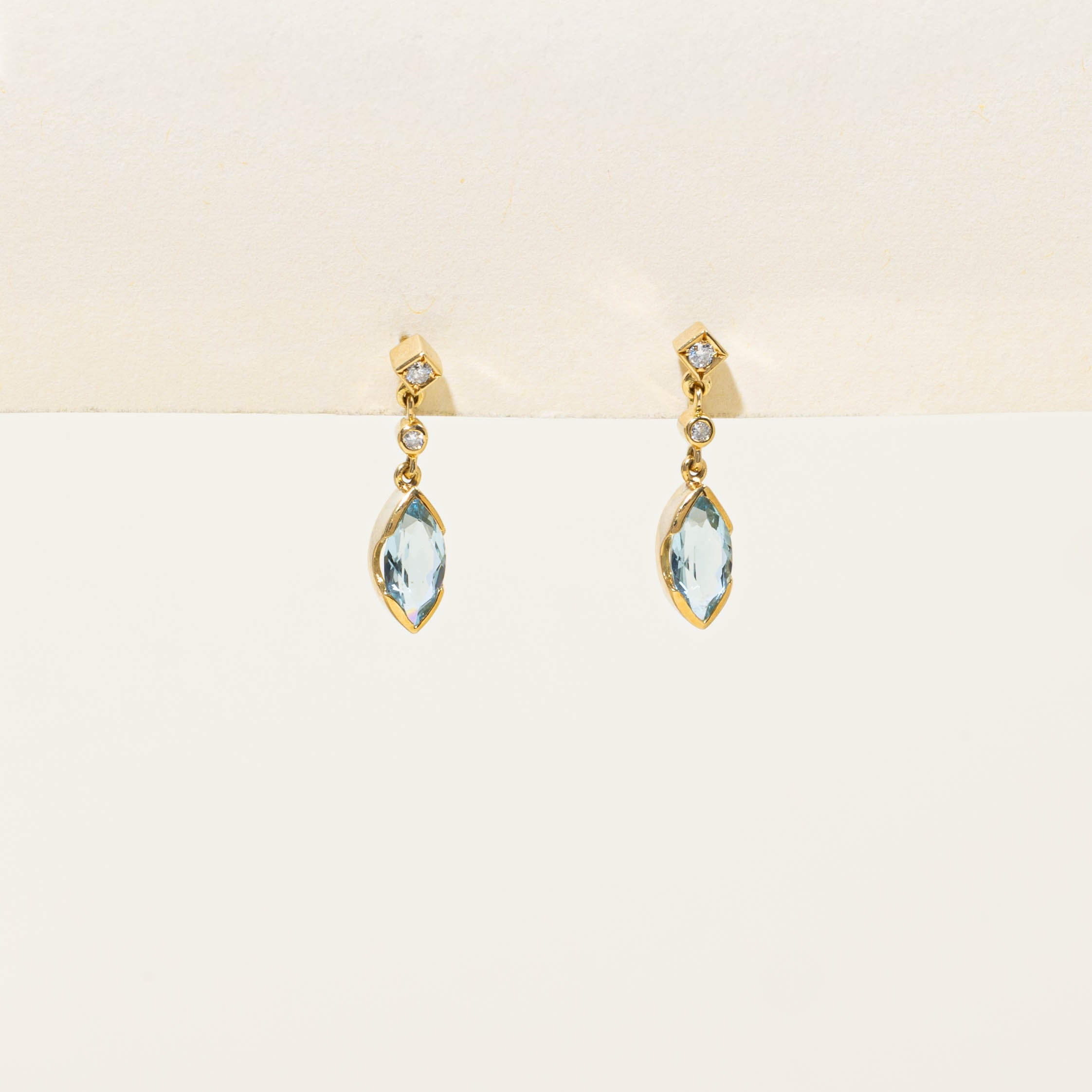 18k Marquise Cut Aquamarine & Diamond Drop Earrings | 1.60ctw, 0.05ctw