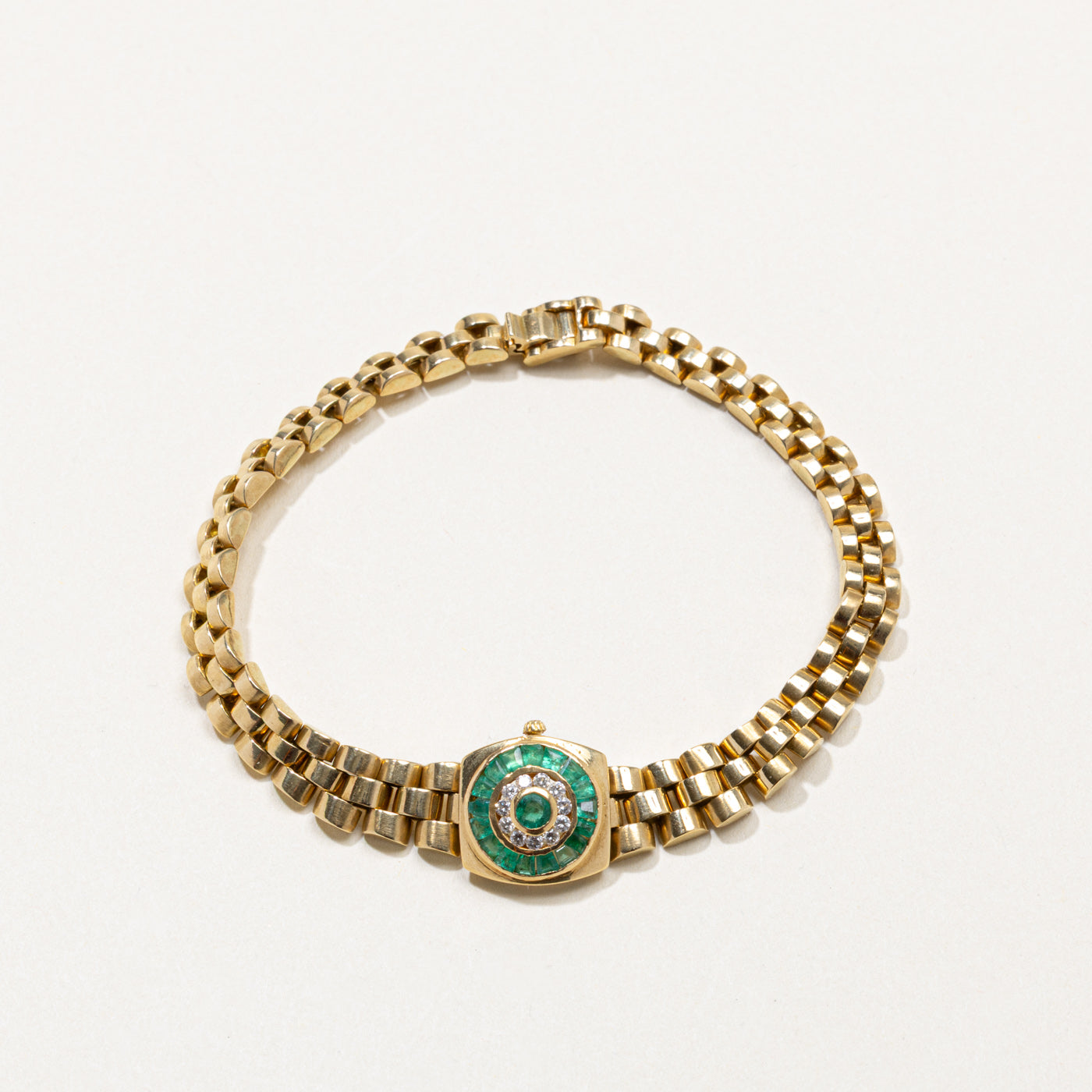 18k Emerald & Diamond Halo Watch Strap Bracelet | 0.65ctw, 0.11ctw