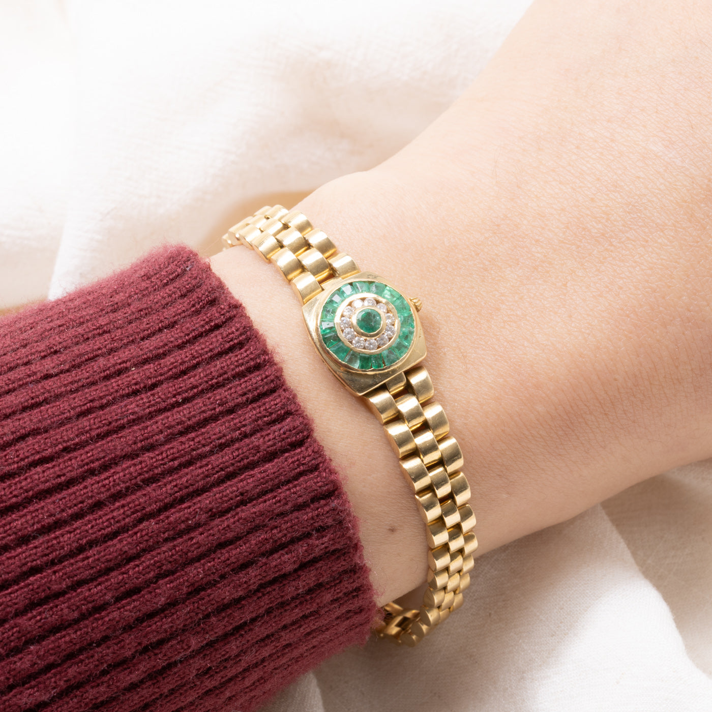 18k Emerald & Diamond Halo Watch Strap Bracelet | 0.65ctw, 0.11ctw