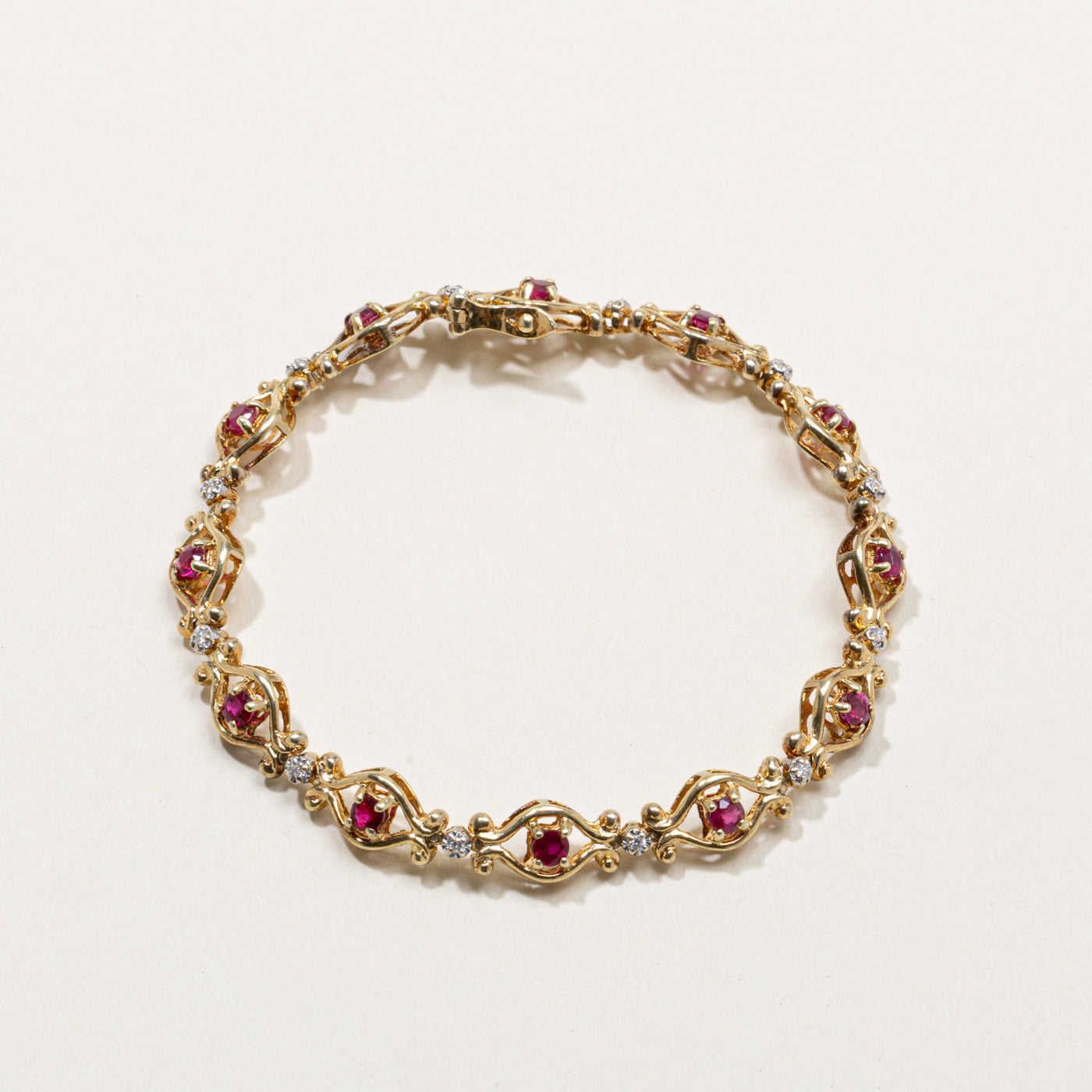 14k Synthetic Ruby & Natural Diamond Openwork Bracelet | 1.46ctw, 0.06ctw