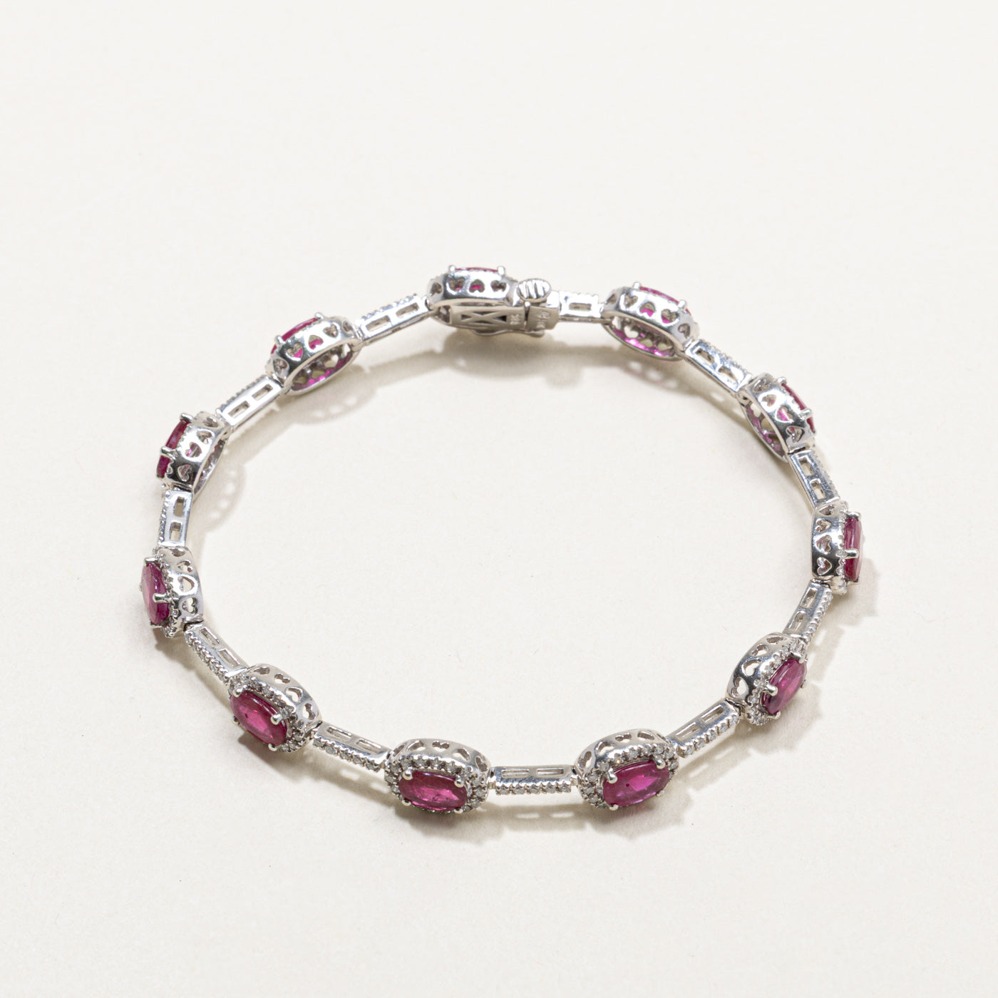 14k Synthetic Ruby & Diamond Halo Bracelet | 4.00ctw, 0.46ctw