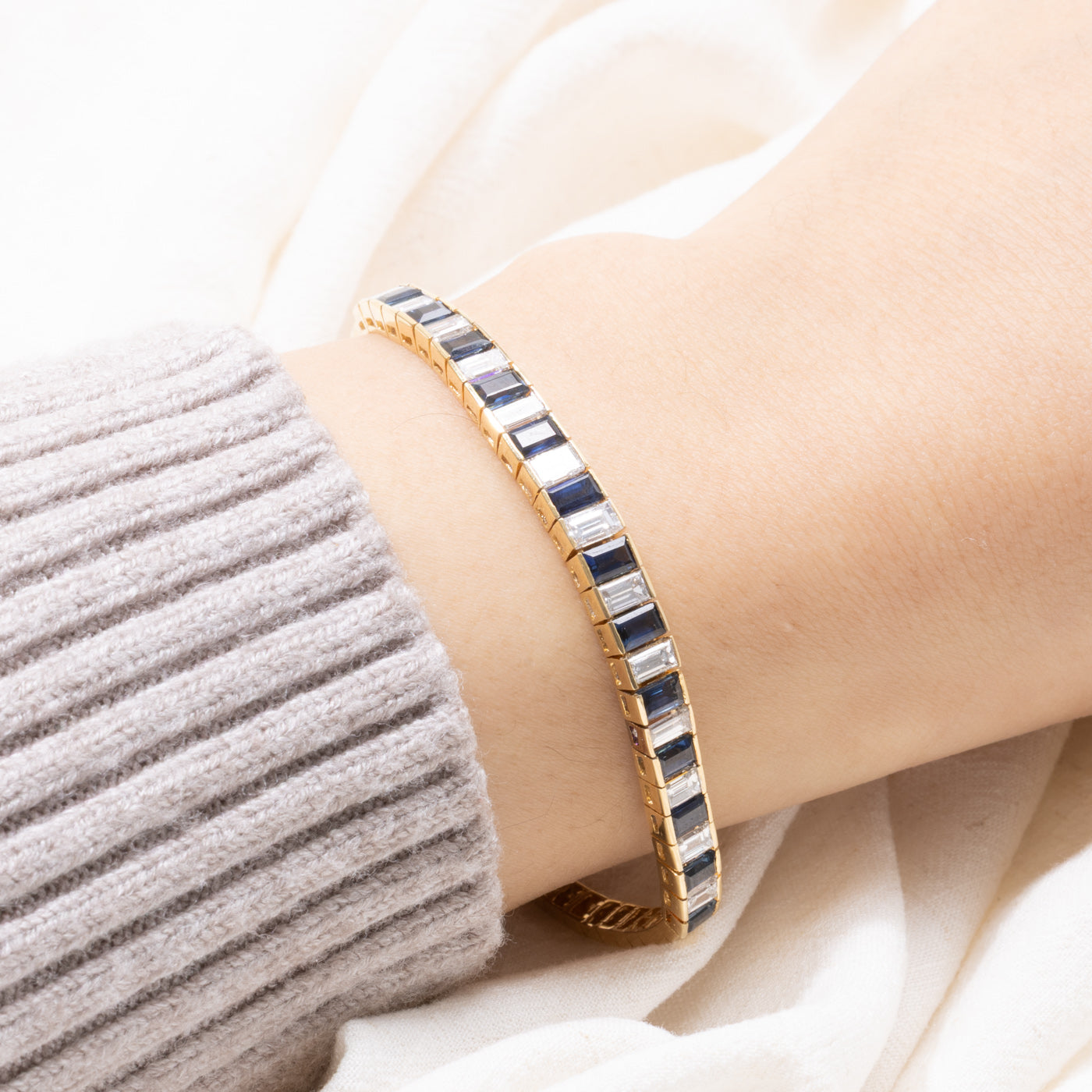 18k Baguette Cut Sapphire & Diamond Tennis Bracelet | 2.80ctw, 2.05ctw