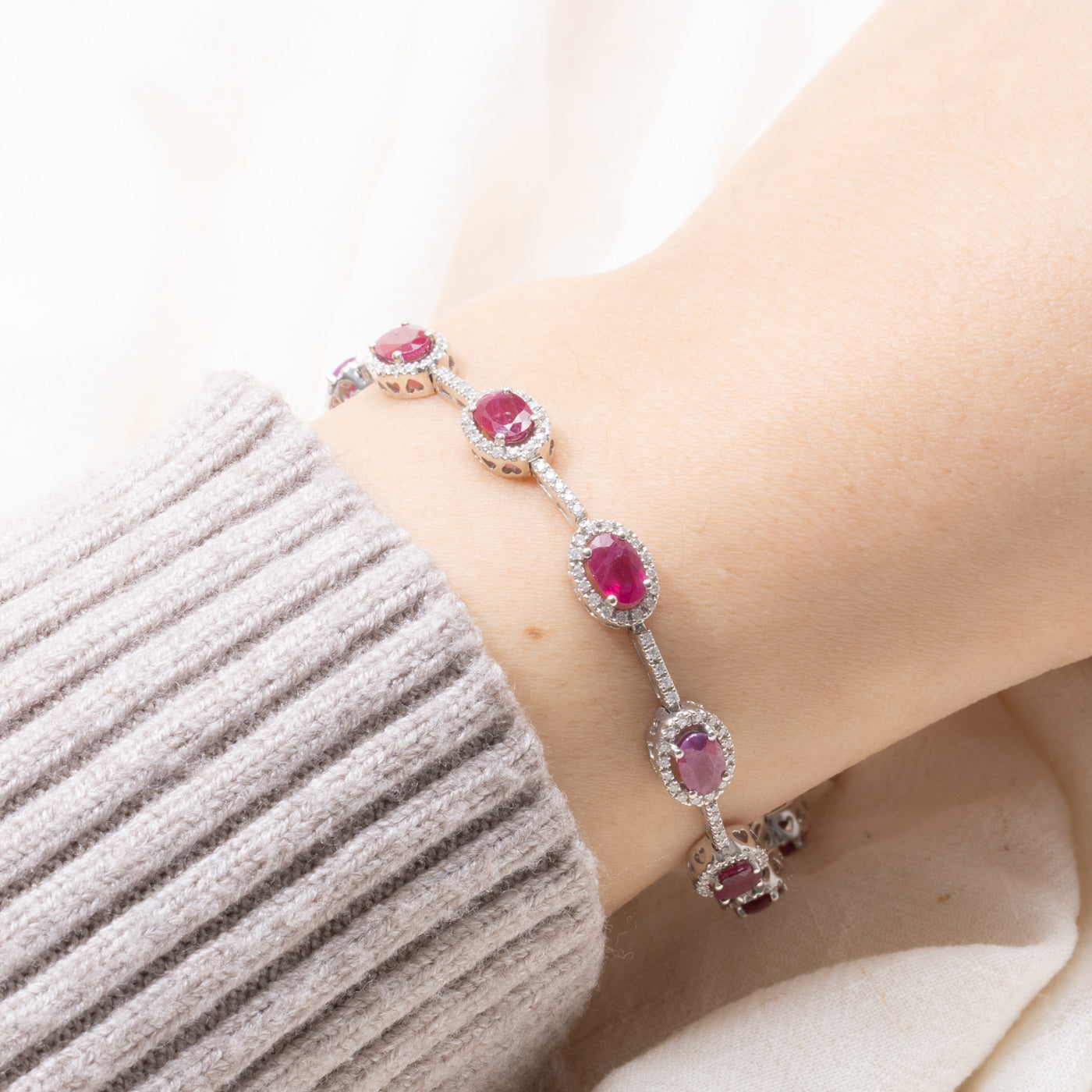 14k Synthetic Ruby & Diamond Halo Bracelet | 4.00ctw, 0.46ctw