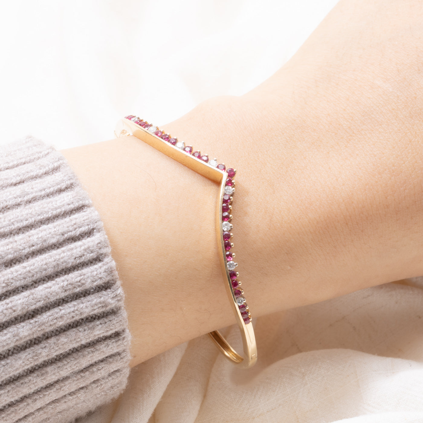 14k Ruby & Diamond Chevron Bangle Bracelet | 0.50ctw, 0.20ctw