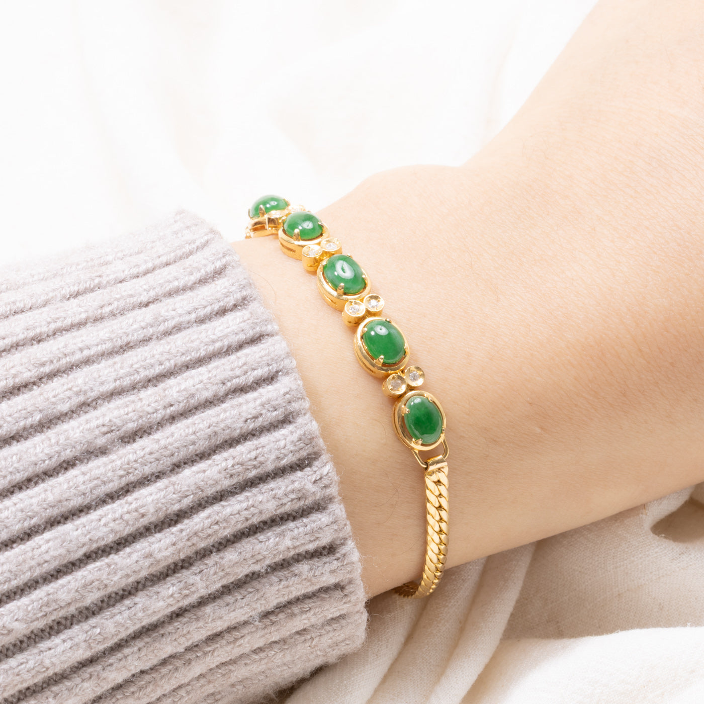 14k Five Stone Jadeite & Diamond Bracelet | 2.20ctw, 0.04ctw