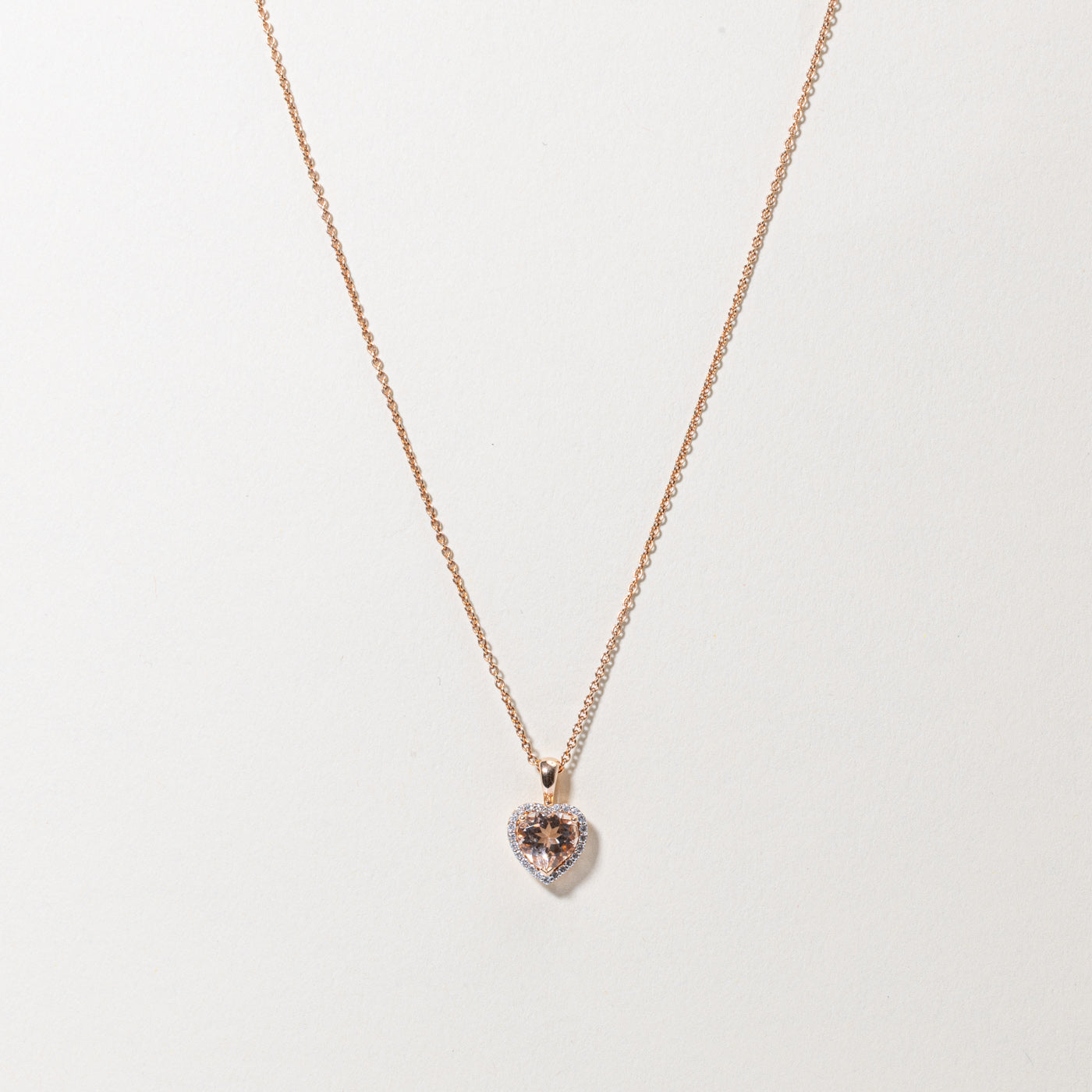 14k Heart Cut Morganite & Diamond Halo Pendant Necklace | 1.45ct, 0.05ctw | 17"