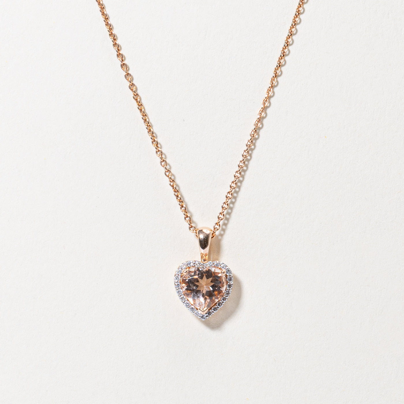 14k Heart Cut Morganite & Diamond Halo Pendant Necklace | 1.45ct, 0.05ctw | 17"