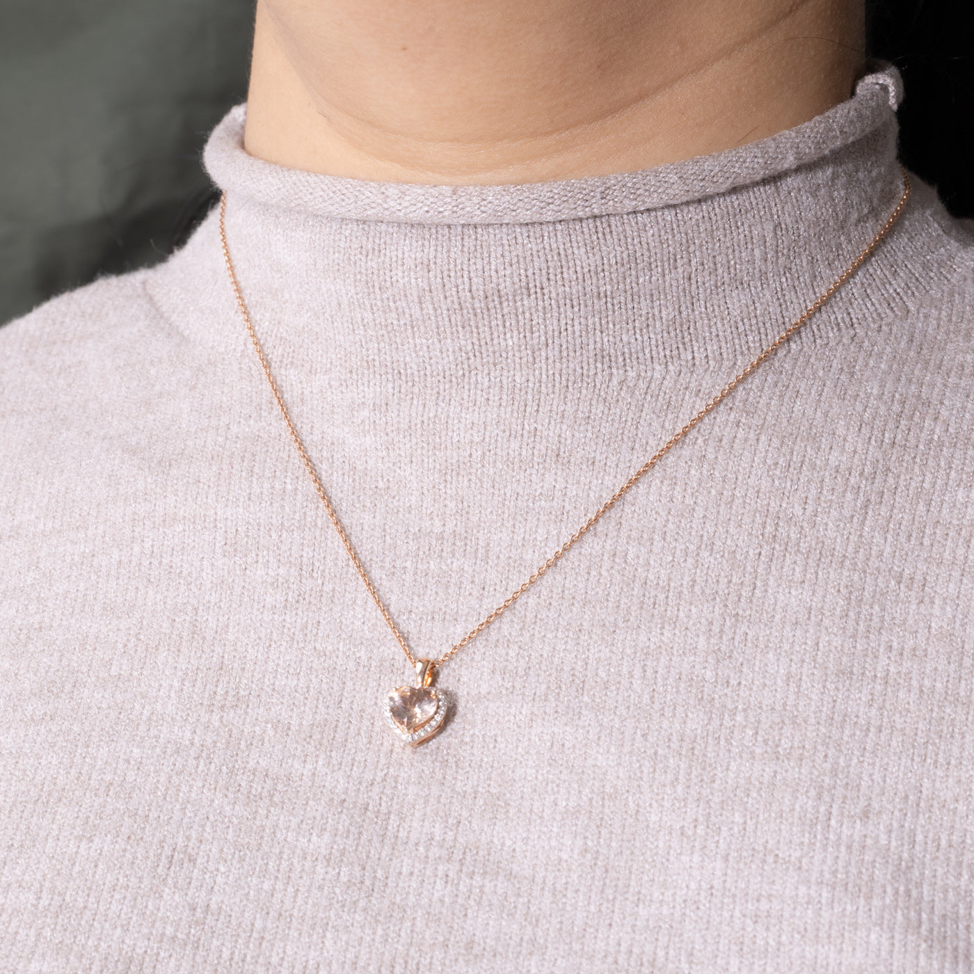 14k Heart Cut Morganite & Diamond Halo Pendant Necklace | 1.45ct, 0.05ctw | 17"