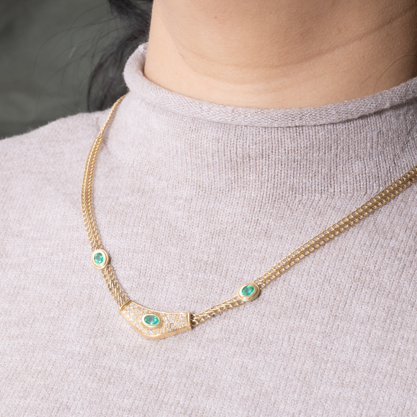 18k Three Stone Emerald & Diamond Necklace | 0.85ctw, 0.50ctw | 15"