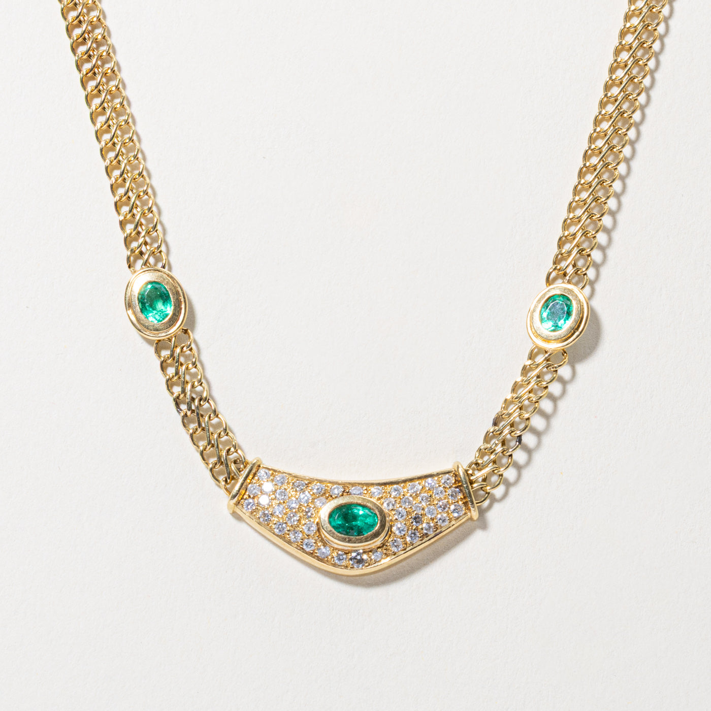 18k Three Stone Emerald & Diamond Necklace | 0.85ctw, 0.50ctw | 15"