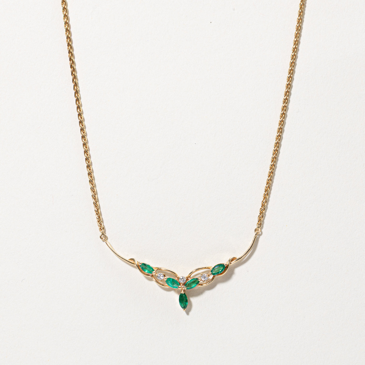 14k Emerald & Diamond Floral Necklace | 0.50ctw, 0.09ctw | 16"