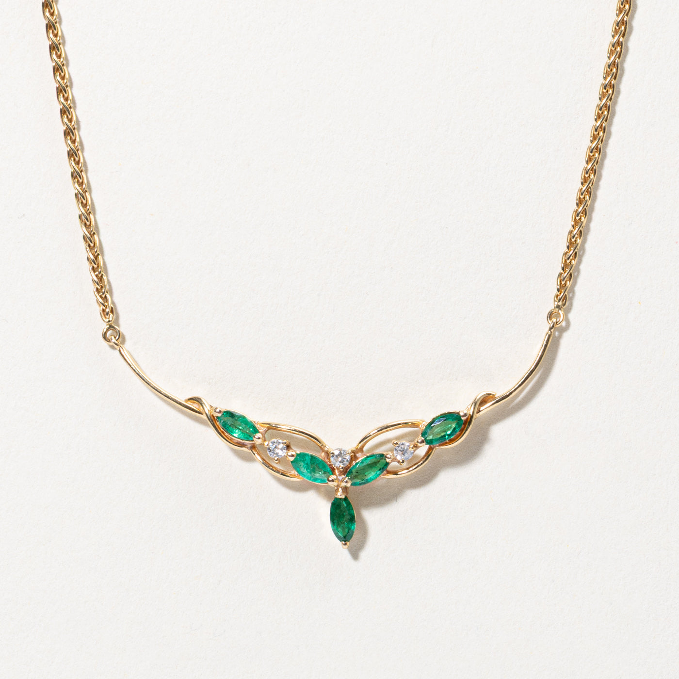 14k Emerald & Diamond Floral Necklace | 0.50ctw, 0.09ctw | 16"