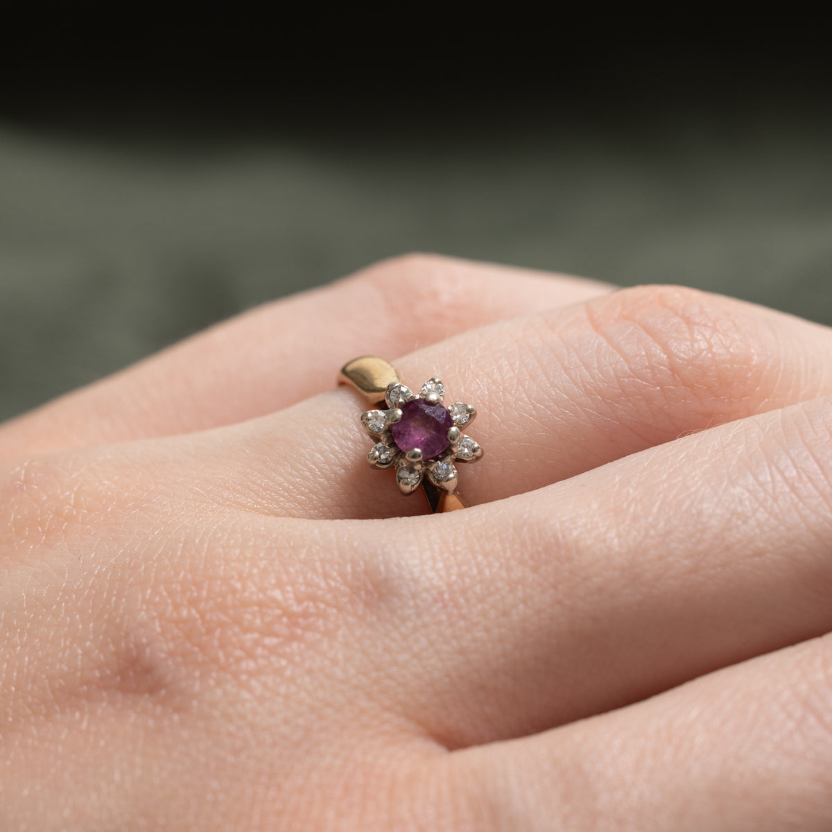 10k Ruby & Diamond Petal Halo Reverse Tapered Ring | 0.28ct, 0.04ctw | SZ 5.25