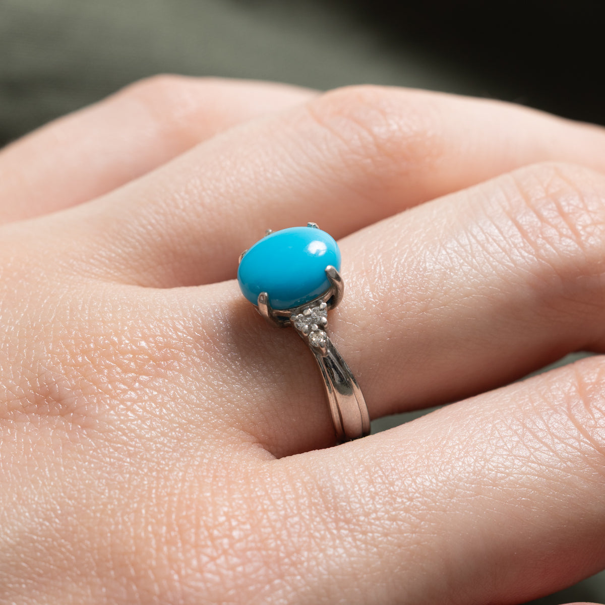 900 Platinum Cabochon Imitation Turquoise & Diamond Grooved Ring | 2.80ct, 0.09ctw | SZ 6.5