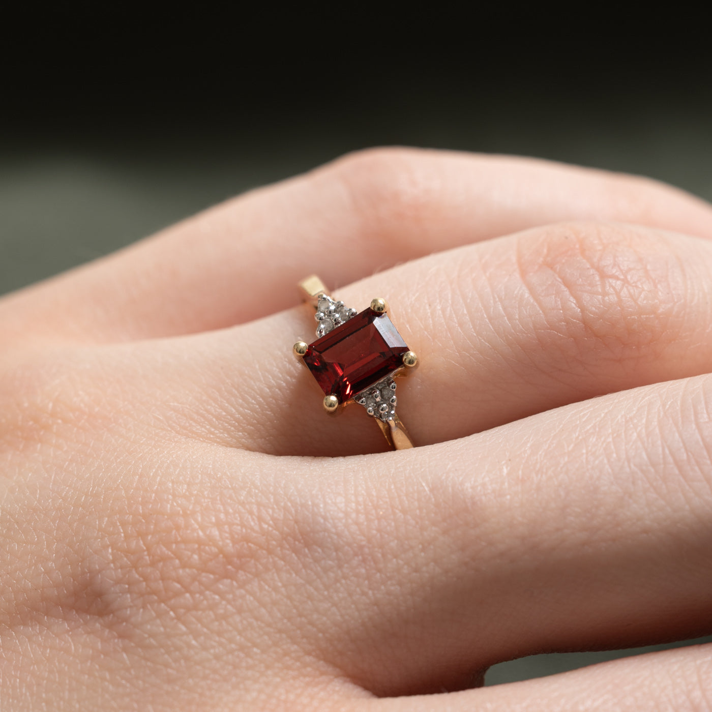 10k Rectangle Cut Garnet & Diamond Accented Ring | 1.00ct, 0.01ctw | SZ 6