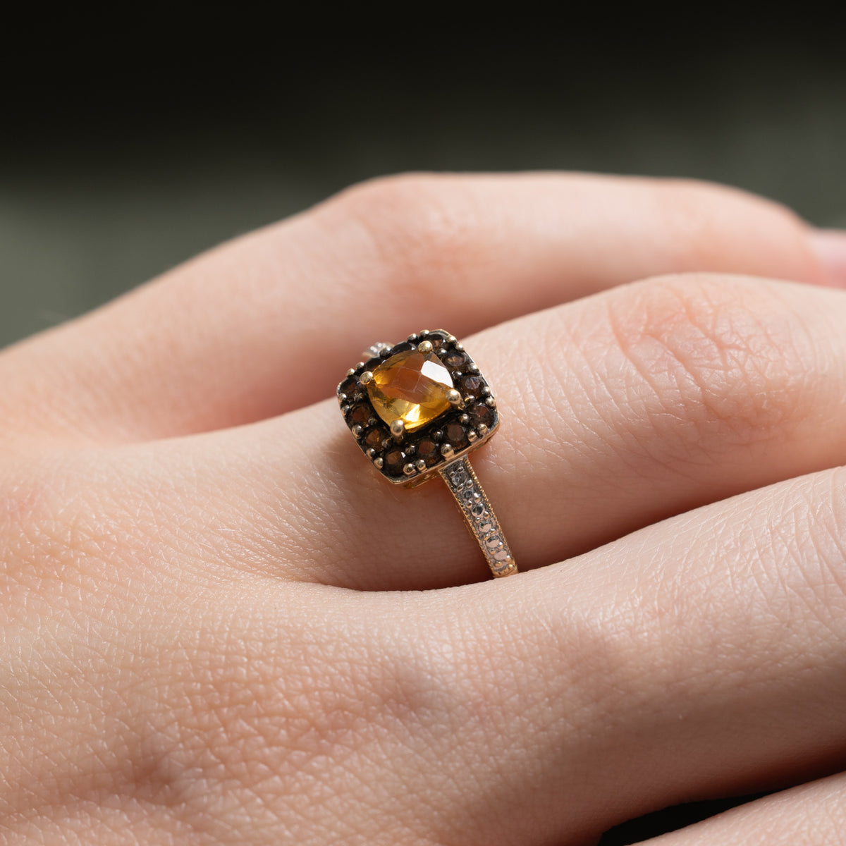 10k Citrine, Smoky Quartz & Diamond Halo Milgrained Ring | 0.58ctw, 0.01ctw | SZ 5.25