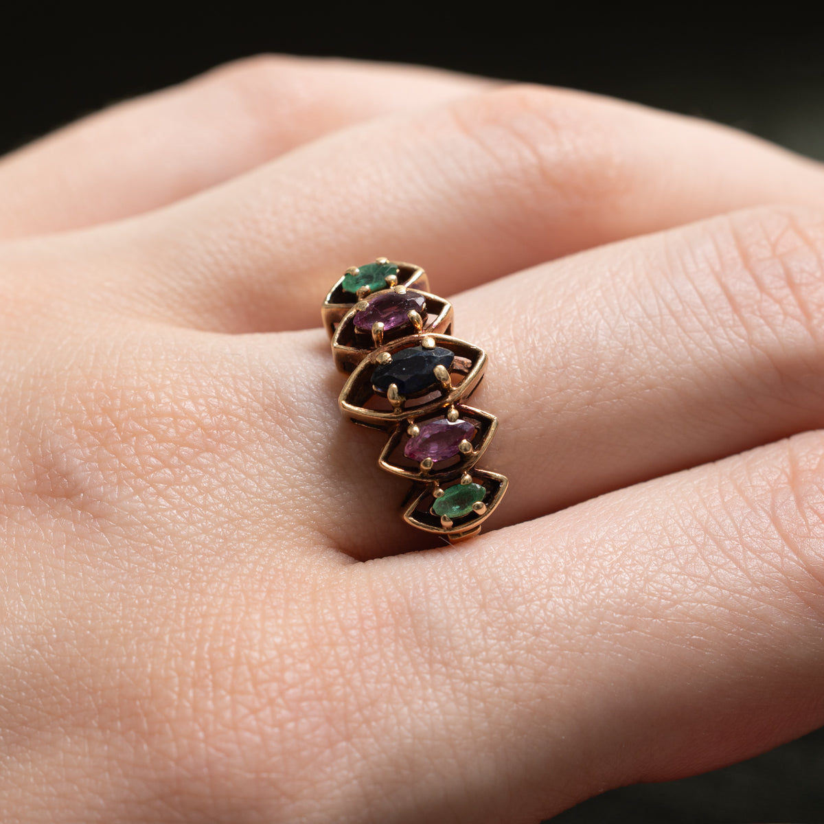 14k Five Stone Marquise Cut Sapphire, Ruby & Emerald Openwork Ring | 0.52ctw | SZ 8