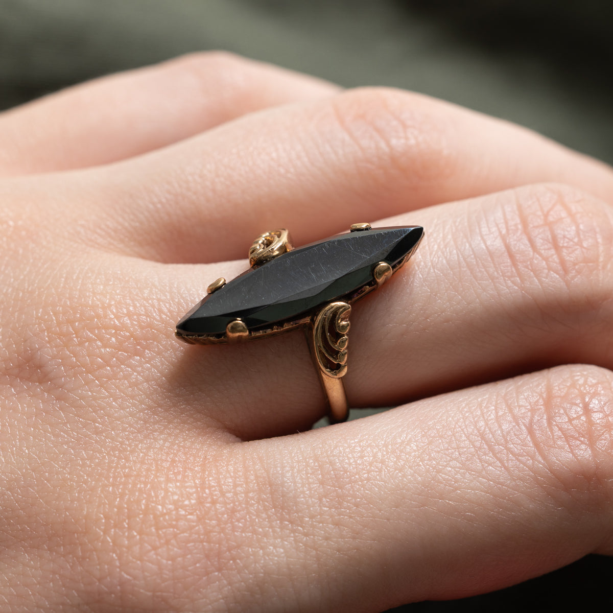 10k Solitaire Hematite Scrollwork Navette Ring | 3.80ct | SZ 6