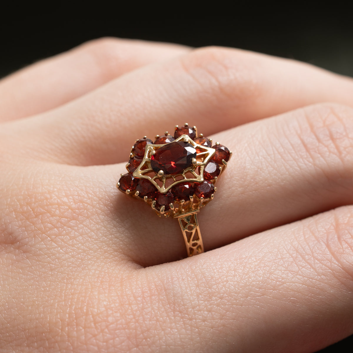 14k Garnet Halo Openwork Geometric Ring | 2.40ct | SZ 7