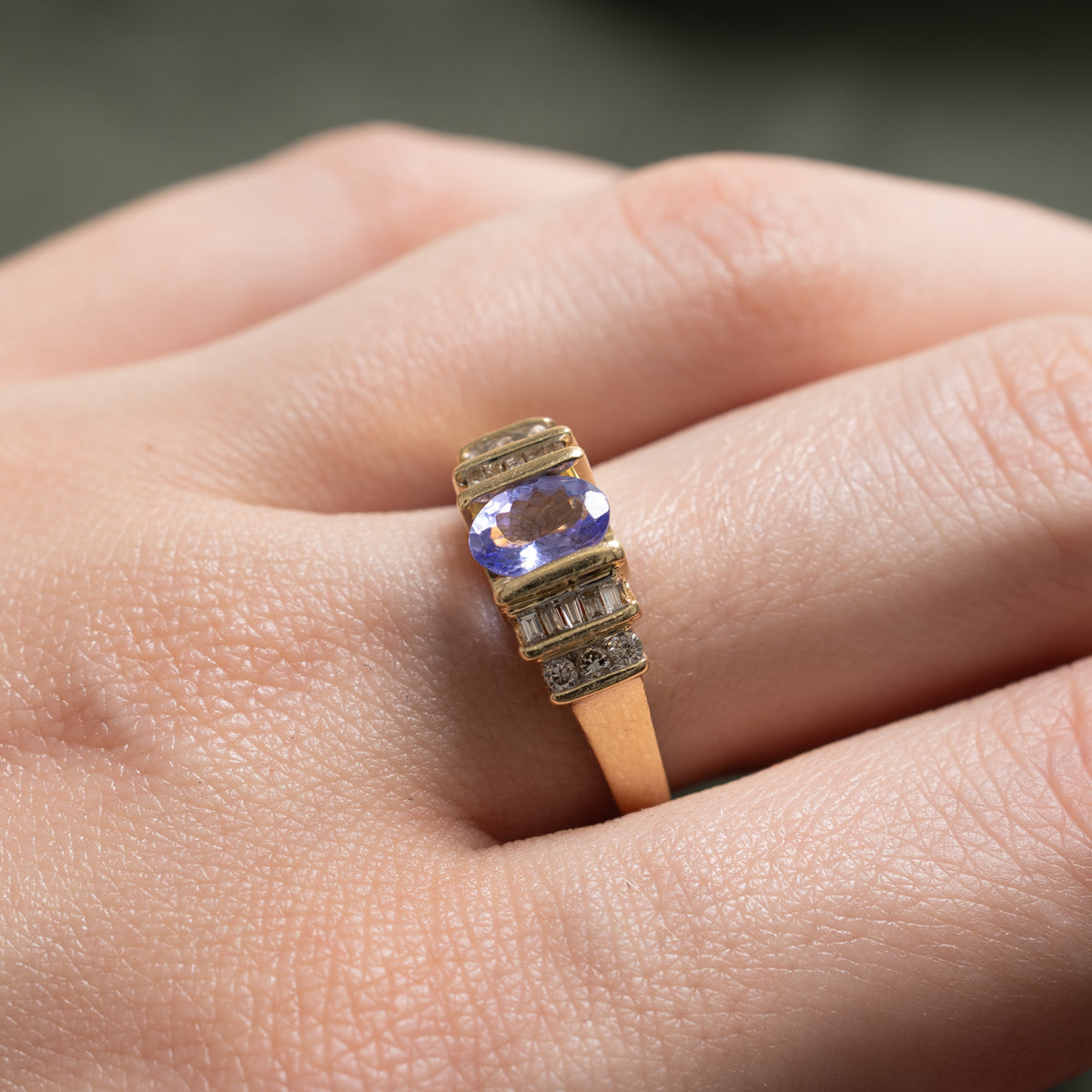 14k Channel Set Tanzanite & Diamond Grooved Ring | 0.70ct, 0.19ctw | SZ 6.75
