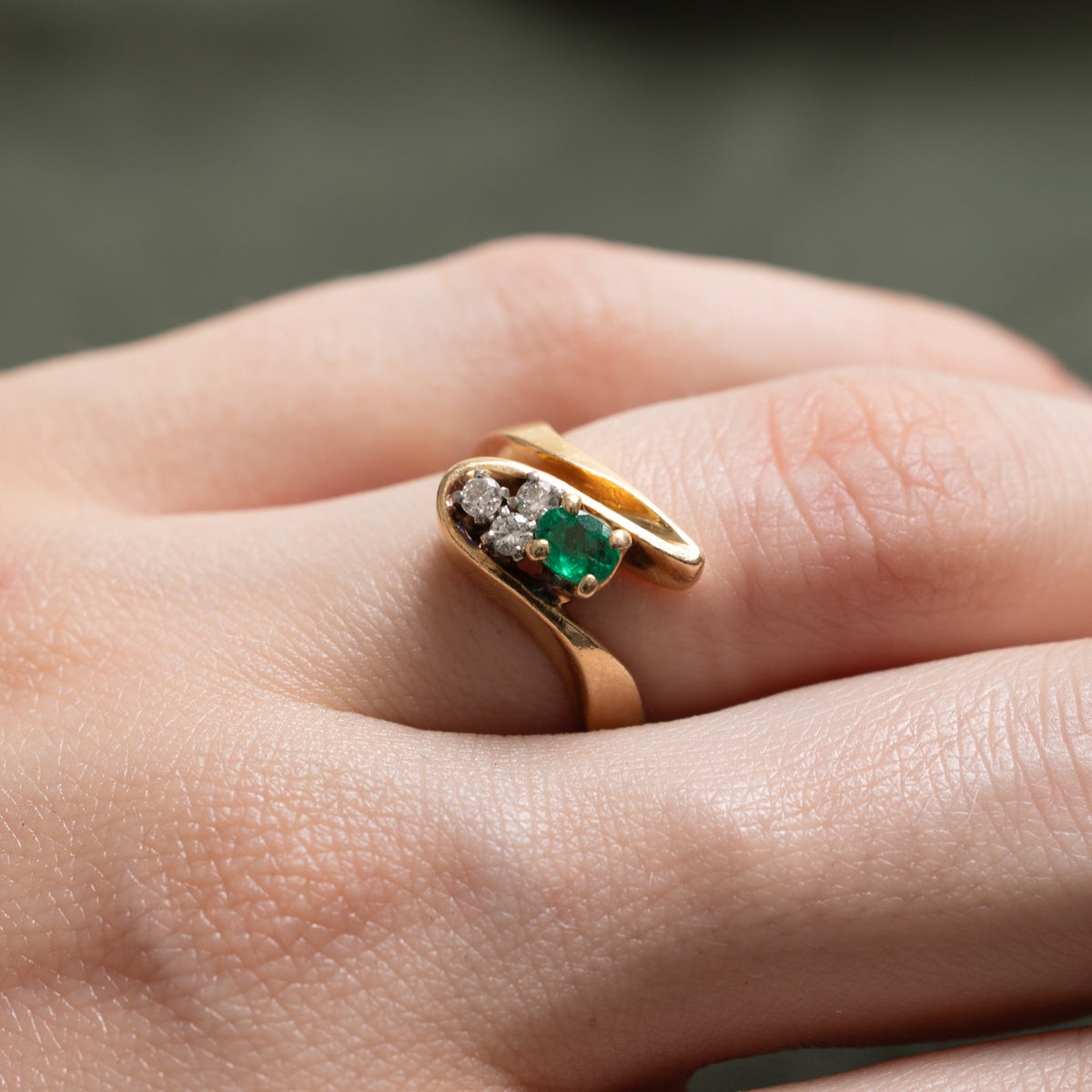 14k Emerald & Diamond Wave Bypass Ring | 0.22ct, 0.09ctw | SZ 4.5