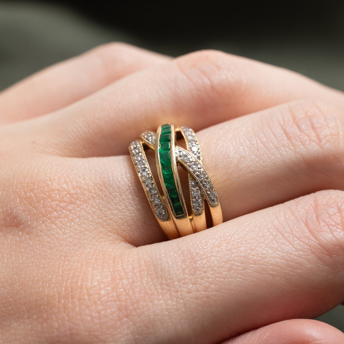 14k Multi Row Emerald & Diamond Cross Over Ring | 0.40ct, 0.26ctw | SZ 6