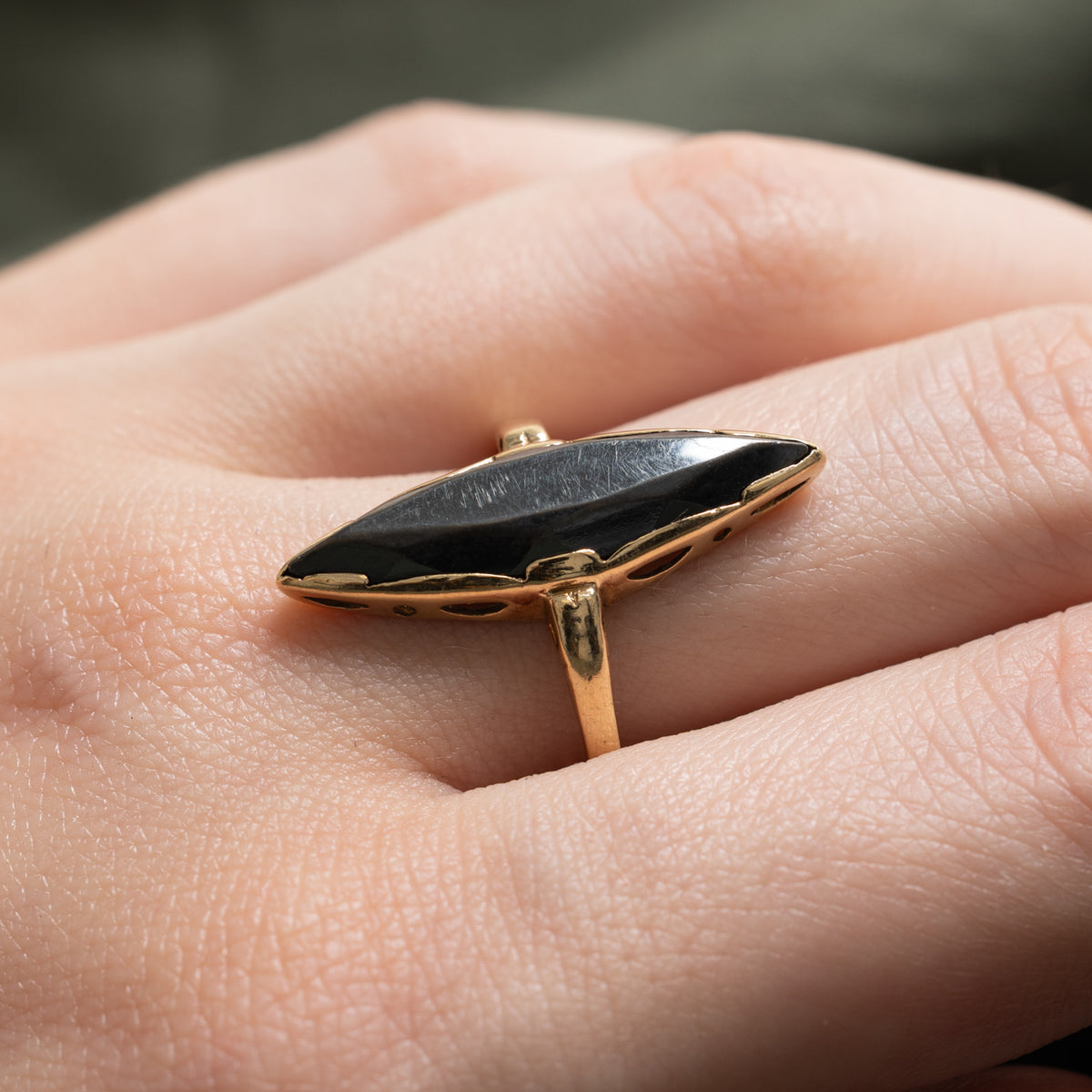 10k Solitaire Hematite Navette Ring | 6.00ct | SZ 10.25
