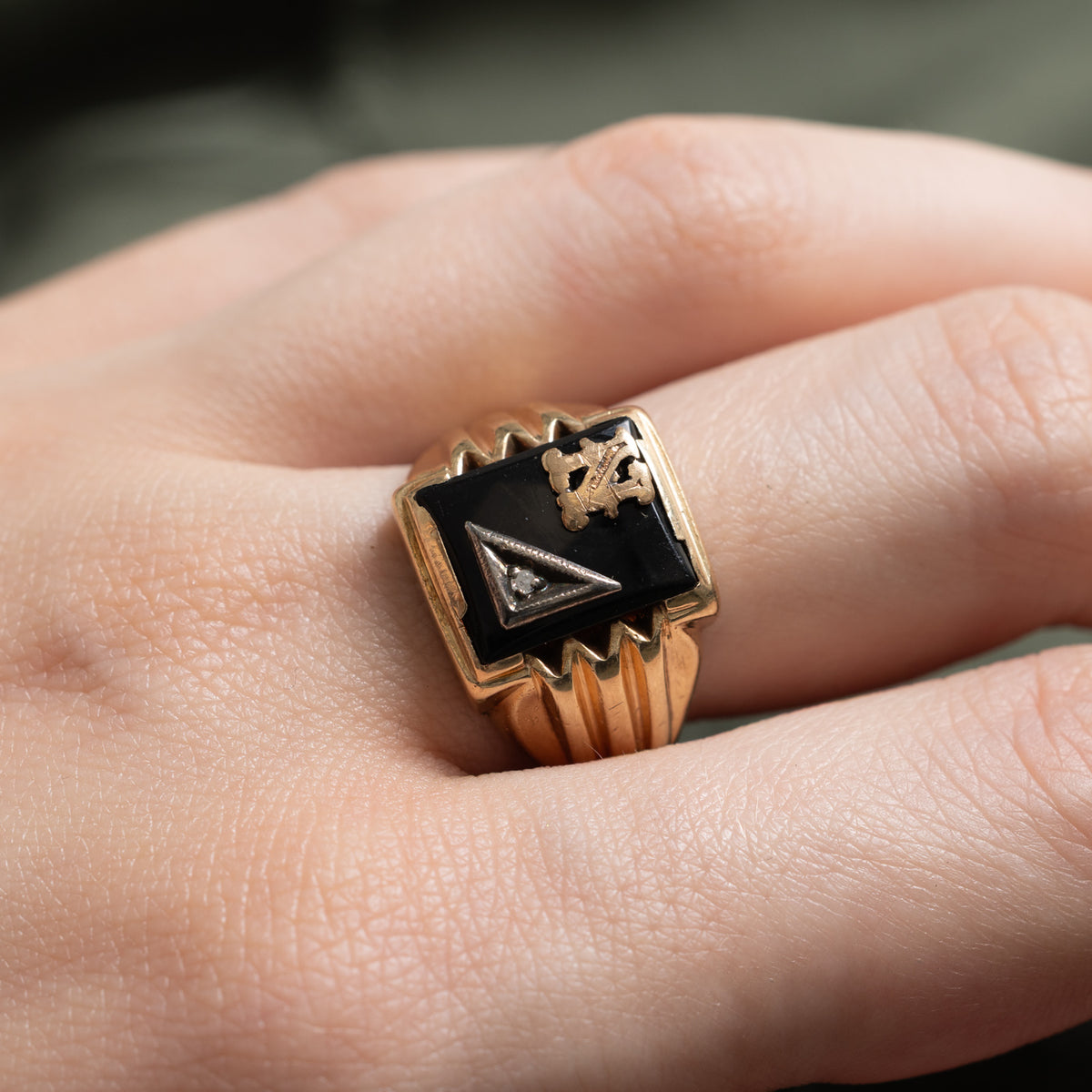 10k Onyx & Diamond "N" Initial Grooved Signet Ring | 1.95ct, 0.005ctw | SZ 8