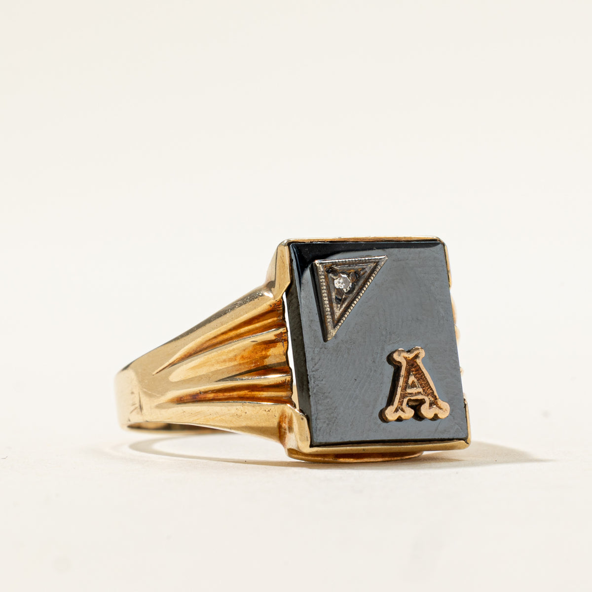 10k Hematite & Diamond "A" Initial Grooved Signet Ring | 5.75ct, 0.005ctw | SZ 11.75