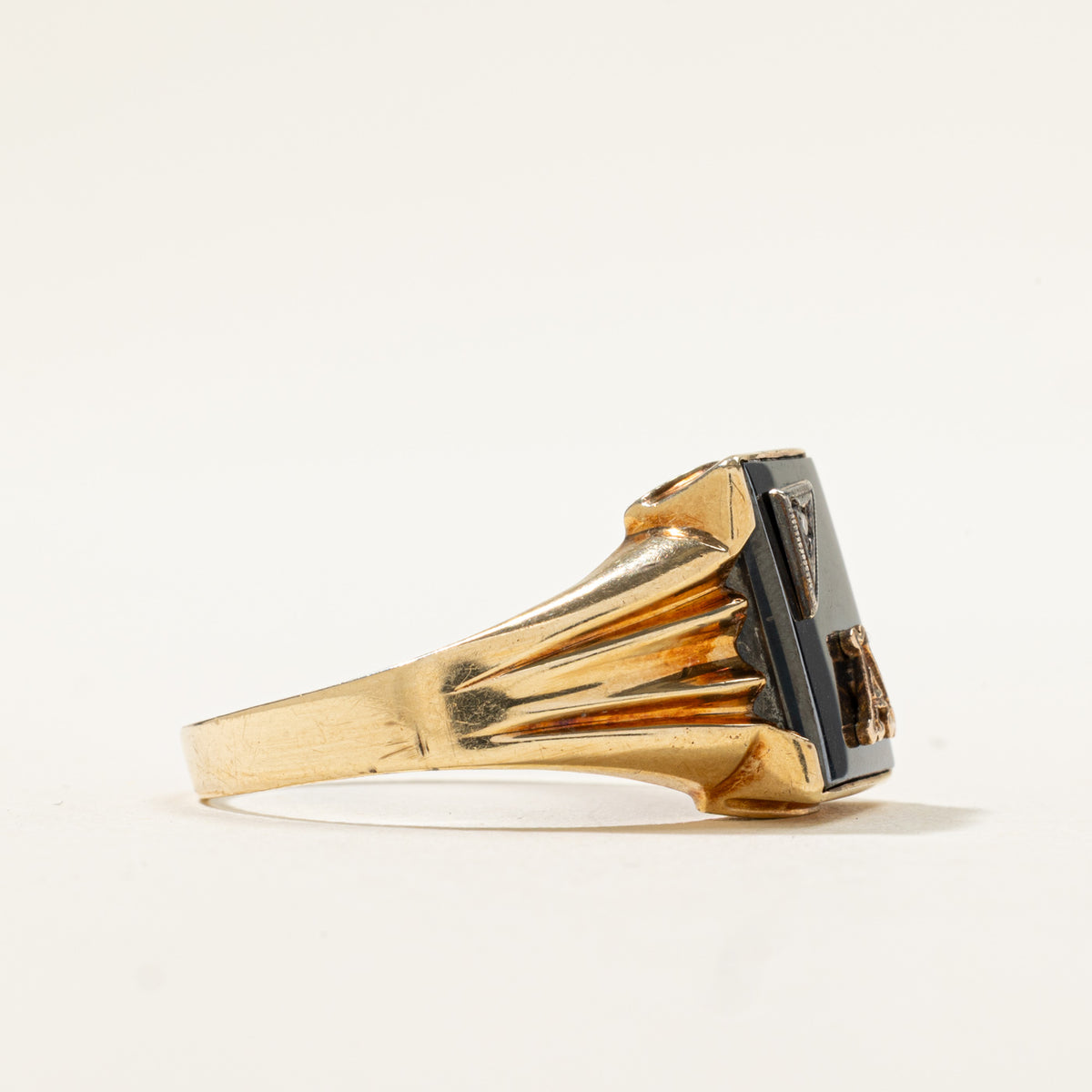 10k Hematite & Diamond "A" Initial Grooved Signet Ring | 5.75ct, 0.005ctw | SZ 11.75