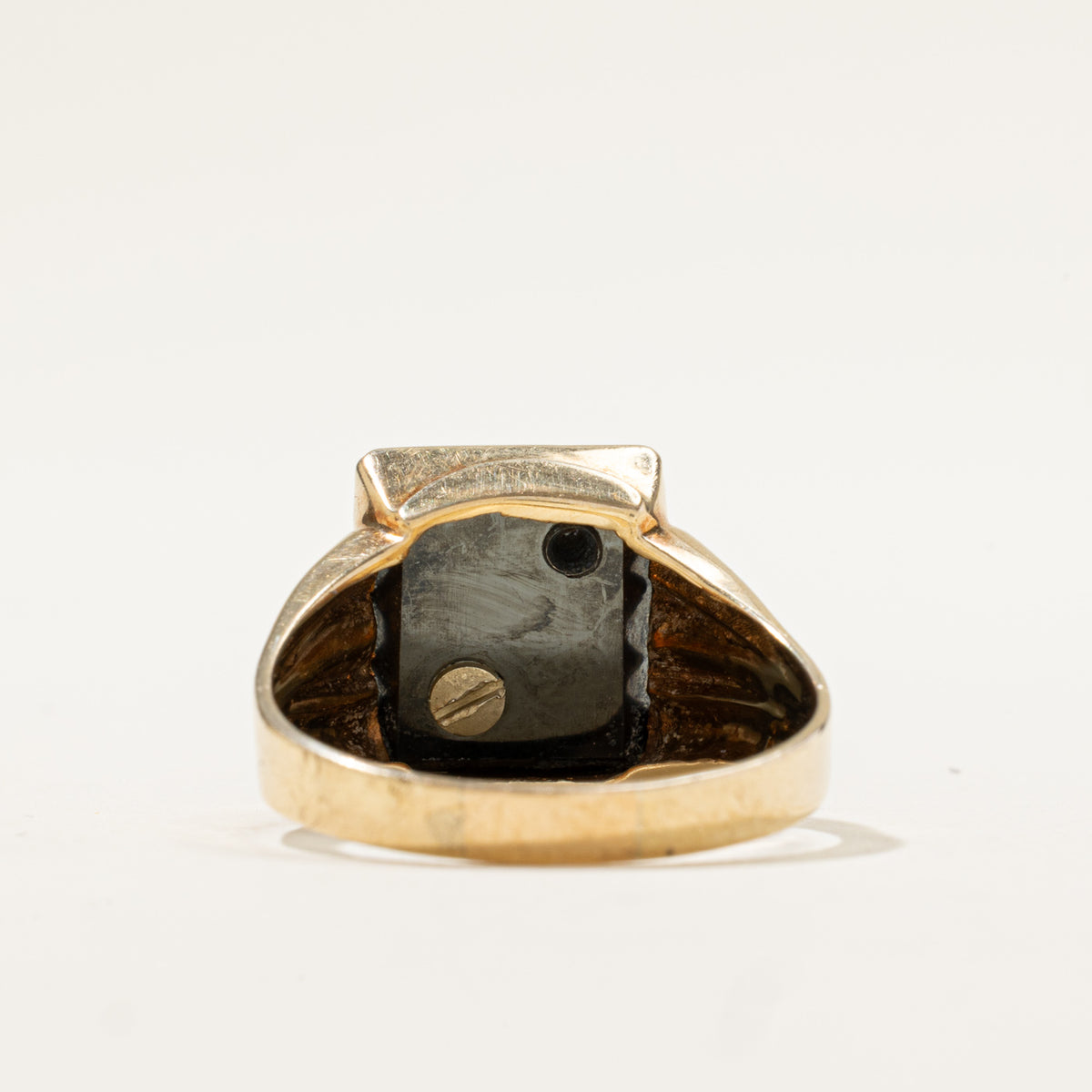 10k Hematite & Diamond "A" Initial Grooved Signet Ring | 5.75ct, 0.005ctw | SZ 11.75
