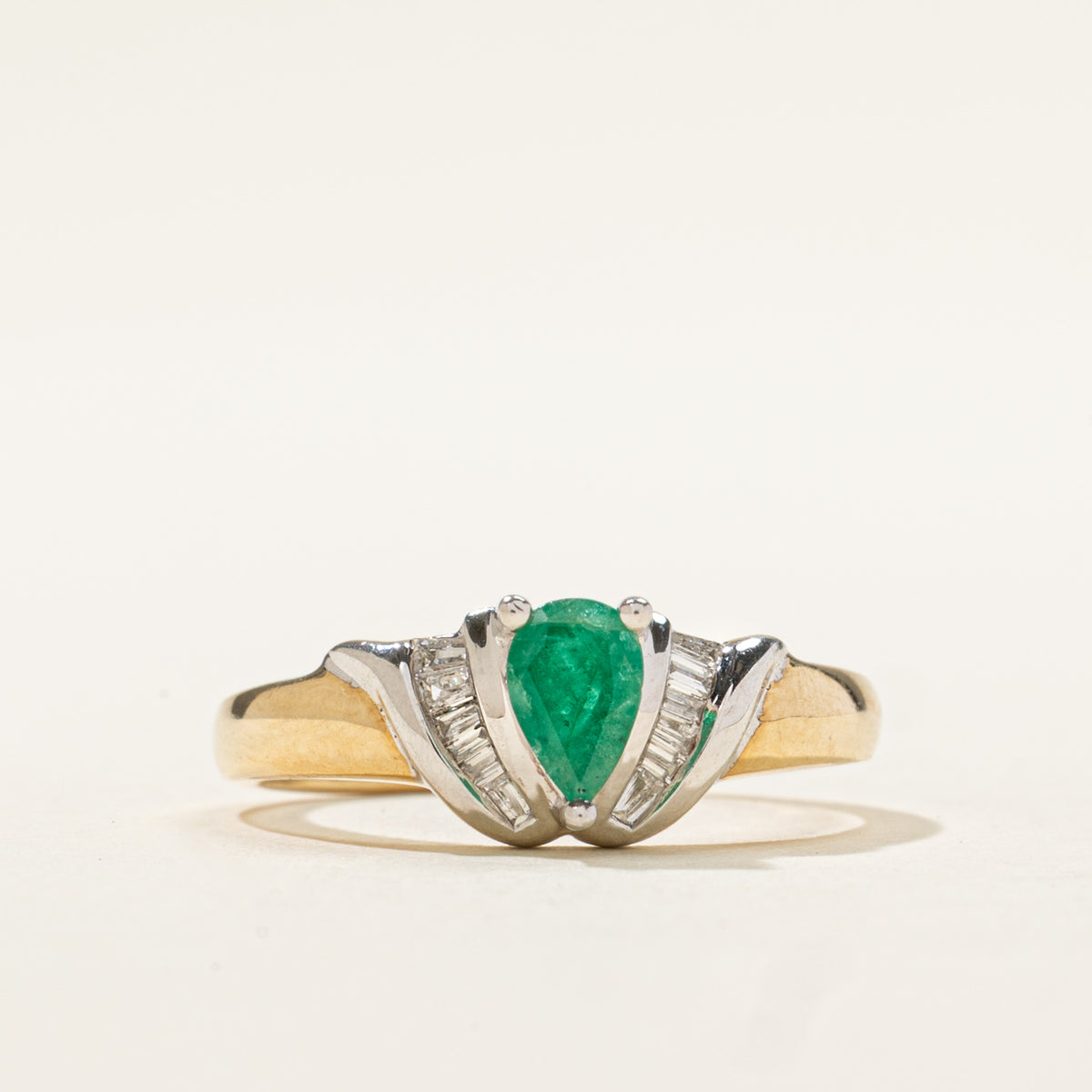 10k Two Tone Pear Cut Emerald & Diamond Ring | 0.28ct, 0.10ctw | SZ 6.5
