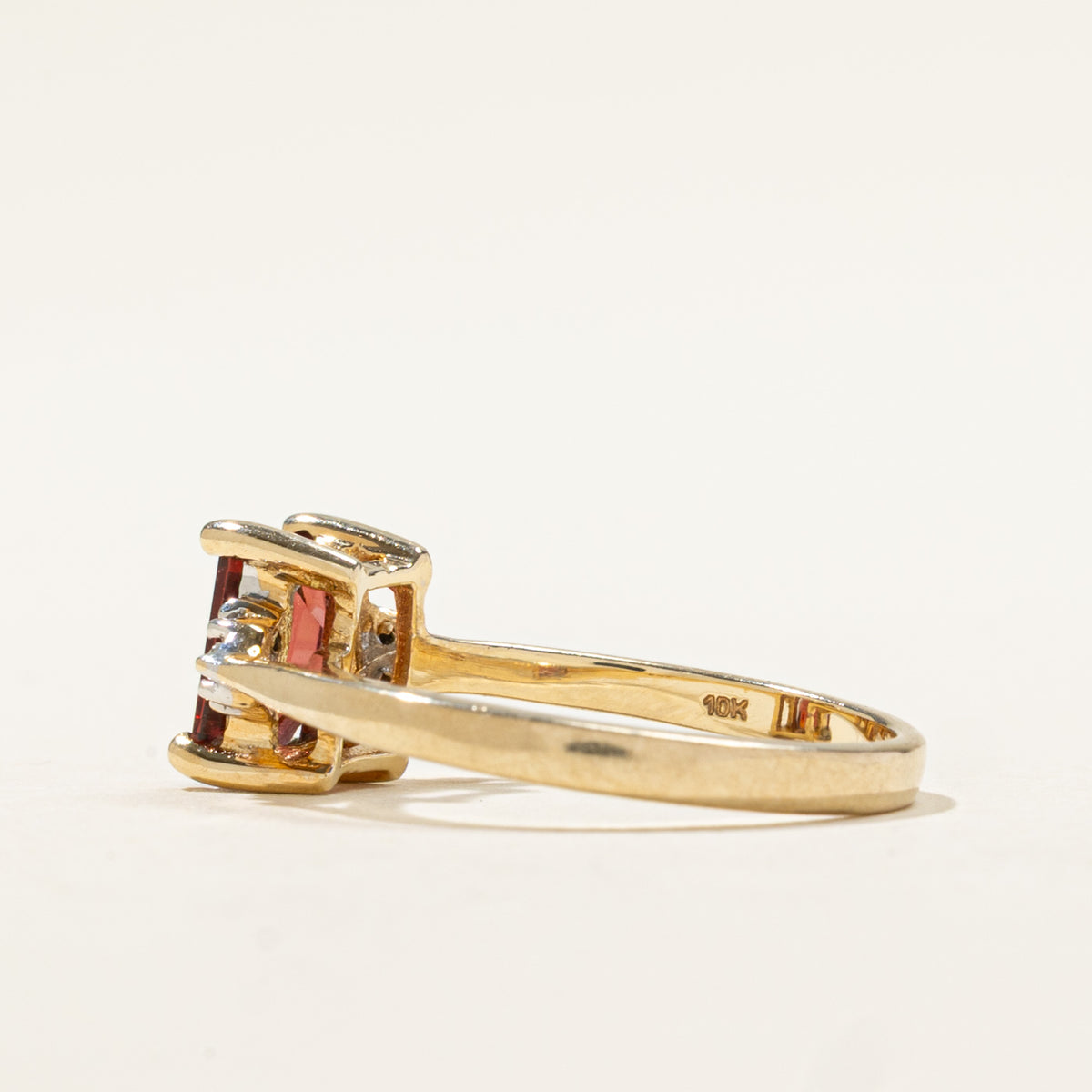 10k Rectangle Cut Garnet & Diamond Accented Ring | 1.00ct, 0.01ctw | SZ 6