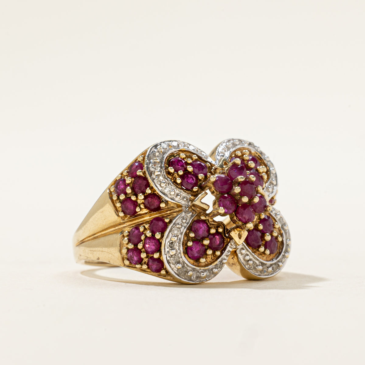 10k Ruby & Diamond Cluster Clover Cocktail Ring | 1.95ct, 0.08ctw | SZ 8.25