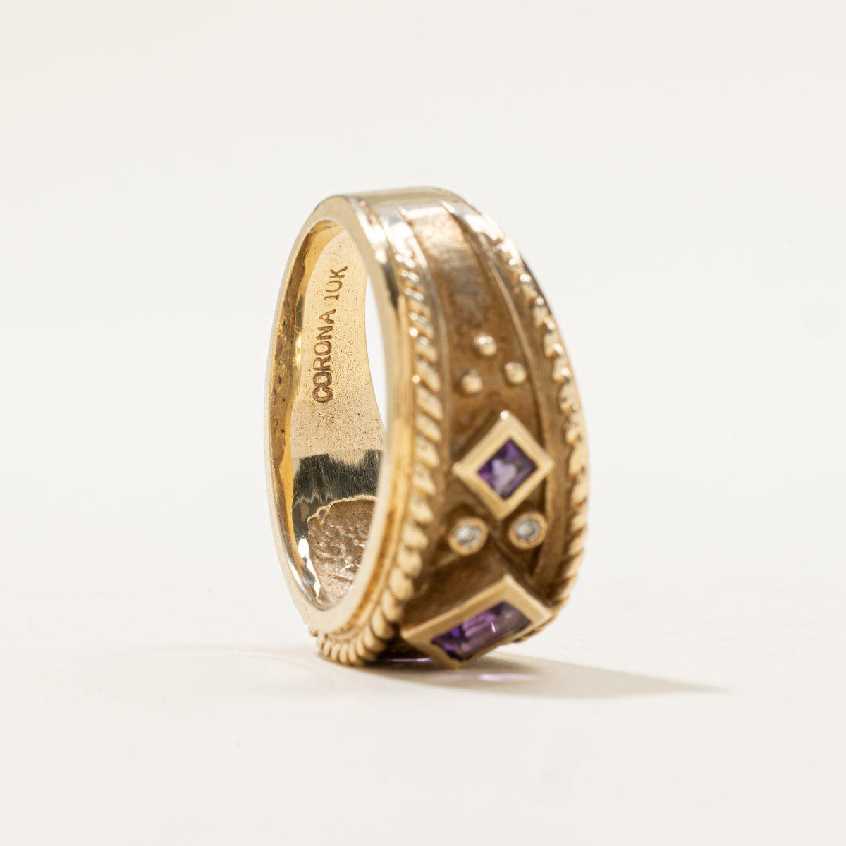 10k Amethyst & Diamond Geometric Tapered Band | 0.34ctw, 0.04ctw | SZ 7