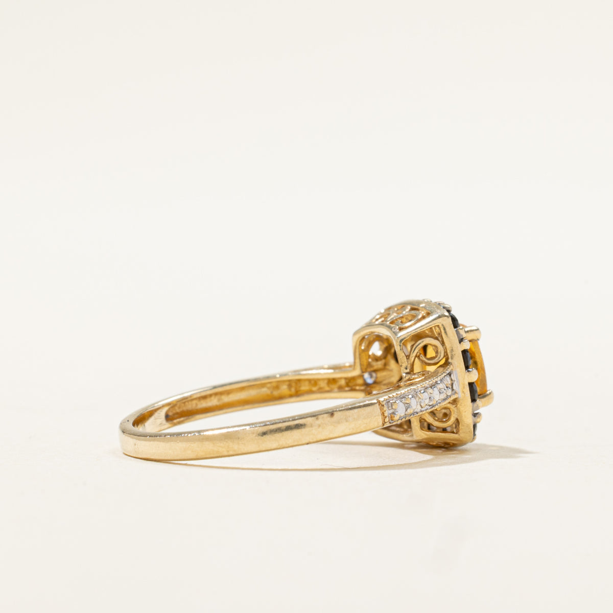 10k Citrine, Smoky Quartz & Diamond Halo Milgrained Ring | 0.58ctw, 0.01ctw | SZ 5.25