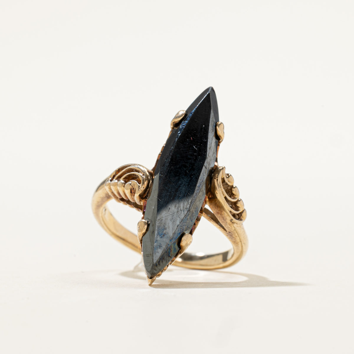 10k Solitaire Hematite Scrollwork Navette Ring | 3.80ct | SZ 6